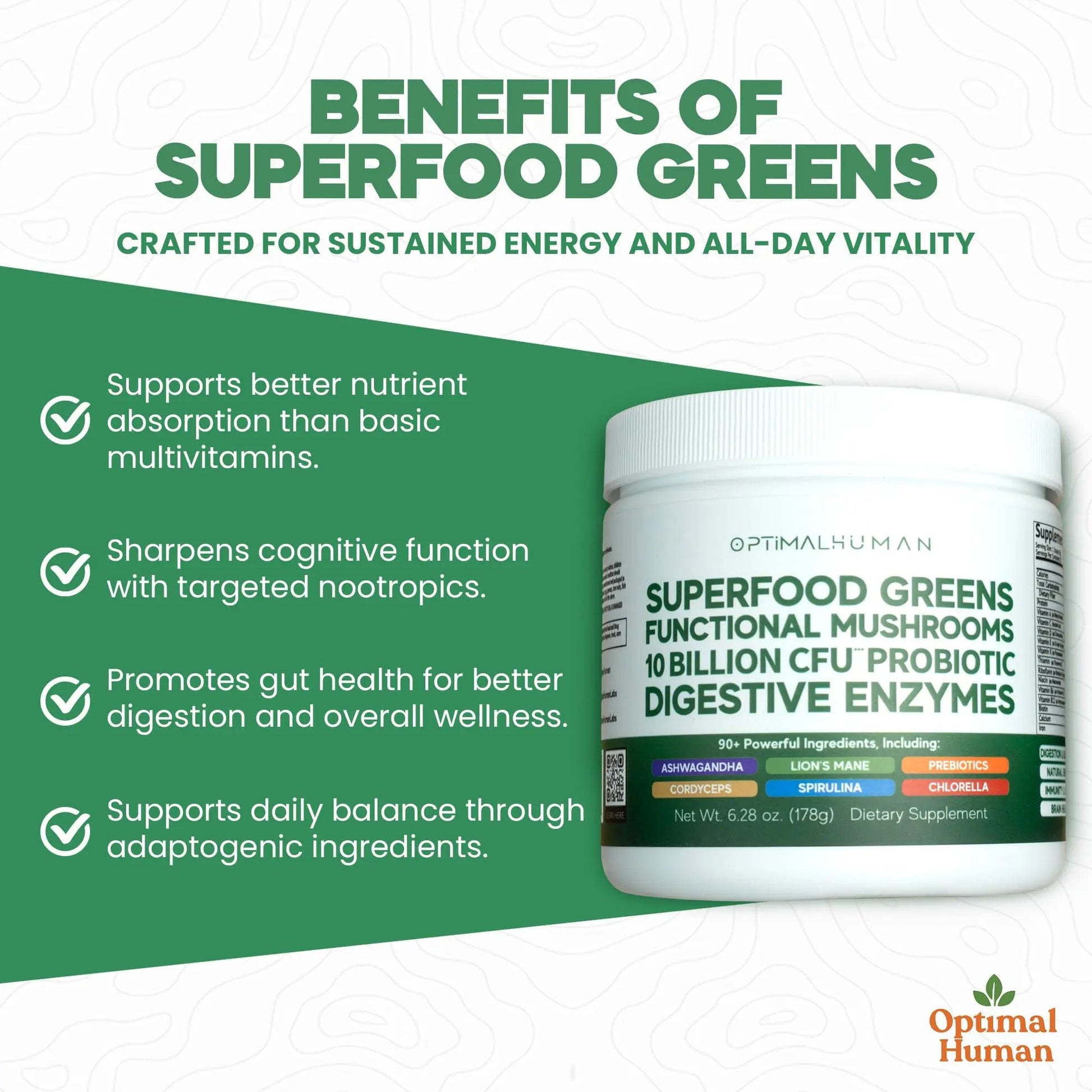 Optimal Human Superfood Greens Powder – 90+ Ingredient Blend with Lion’s Mane Supplement, Ashwagandha & Turmeric O H buy supplements canada