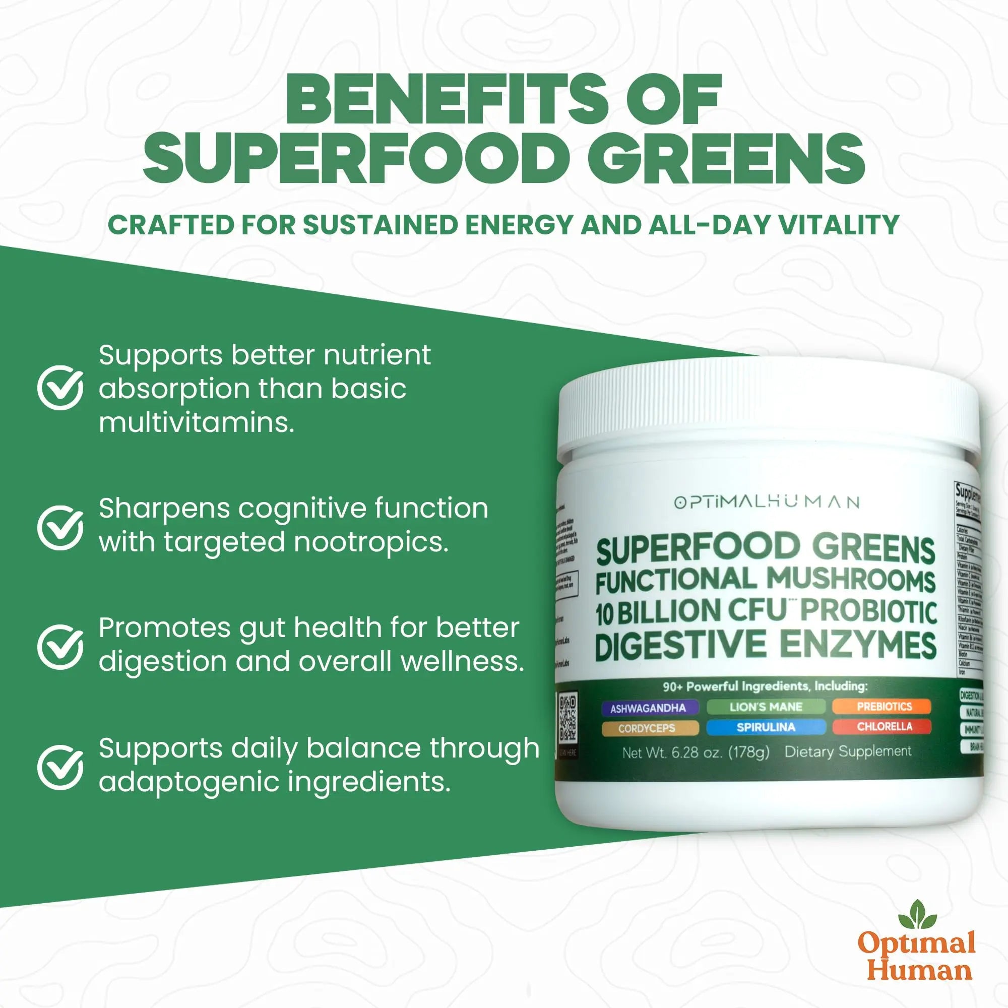 Optimal Human Superfood Greens Powder – 90+ Ingredient Blend with Lion’s Mane Supplement, Ashwagandha & Turmeric O H buy supplements canada
