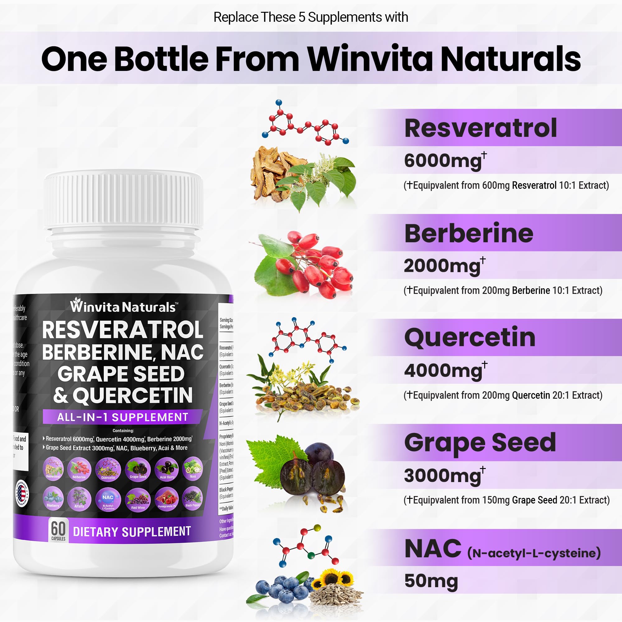 Resveratrol 6000mg Quercetin 4000mg Berberine 2000mg Grape Seed Extract 3000mg Winvita Naturals buy supplements canada