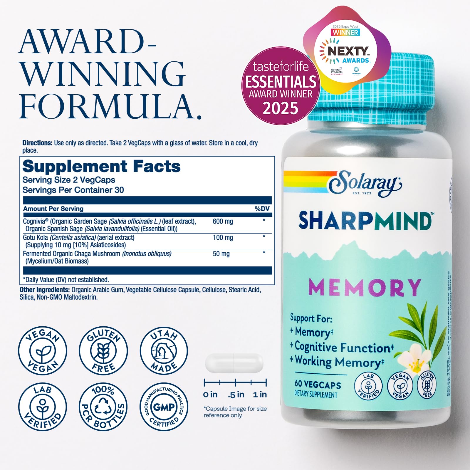 SOLARAY SharpMind Memory Formula - Brain Supplements for Memory and Focus - Cognivia, Gotu Kola & Chaga Mushroom Supplement - Ginkgo Biloba Alternative - 60-Day Guarantee - 30 Servings, 60 VegCaps SOLARAY buy supplements canada