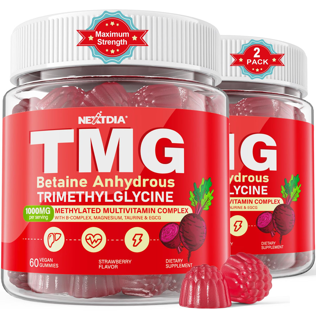 2Pack TMG Gummies 1000mg Betaine Anhydrous + Methylated Multivitamin & B Complex Methylated(Methylfolate B12 B6), Magnesium, Taurine - Essential Trimethylglycine for Homocysteine Levels, Brain, Energy Nextdia buy supplements canada