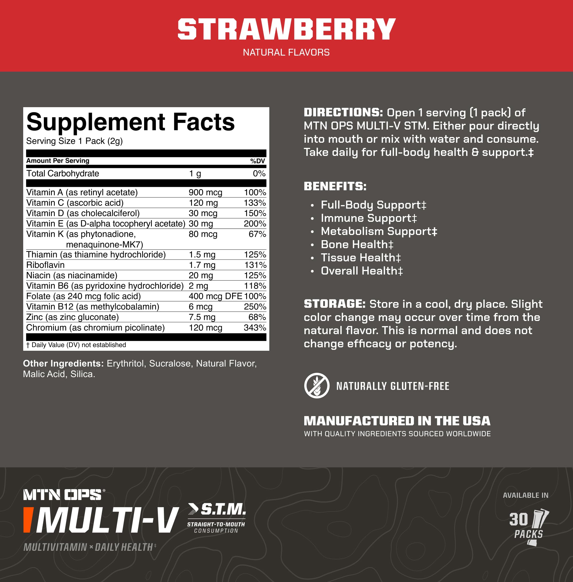 MTN OPS Multi‑V STM On‑the‑Go Daily Multivitamin for Men, Women & Kids – Straight‑to‑Mouth Vitamin C D3 B Zinc Packs – Gluten Free, Natural Flavors, 30 Servings MTN OPS buy supplements canada