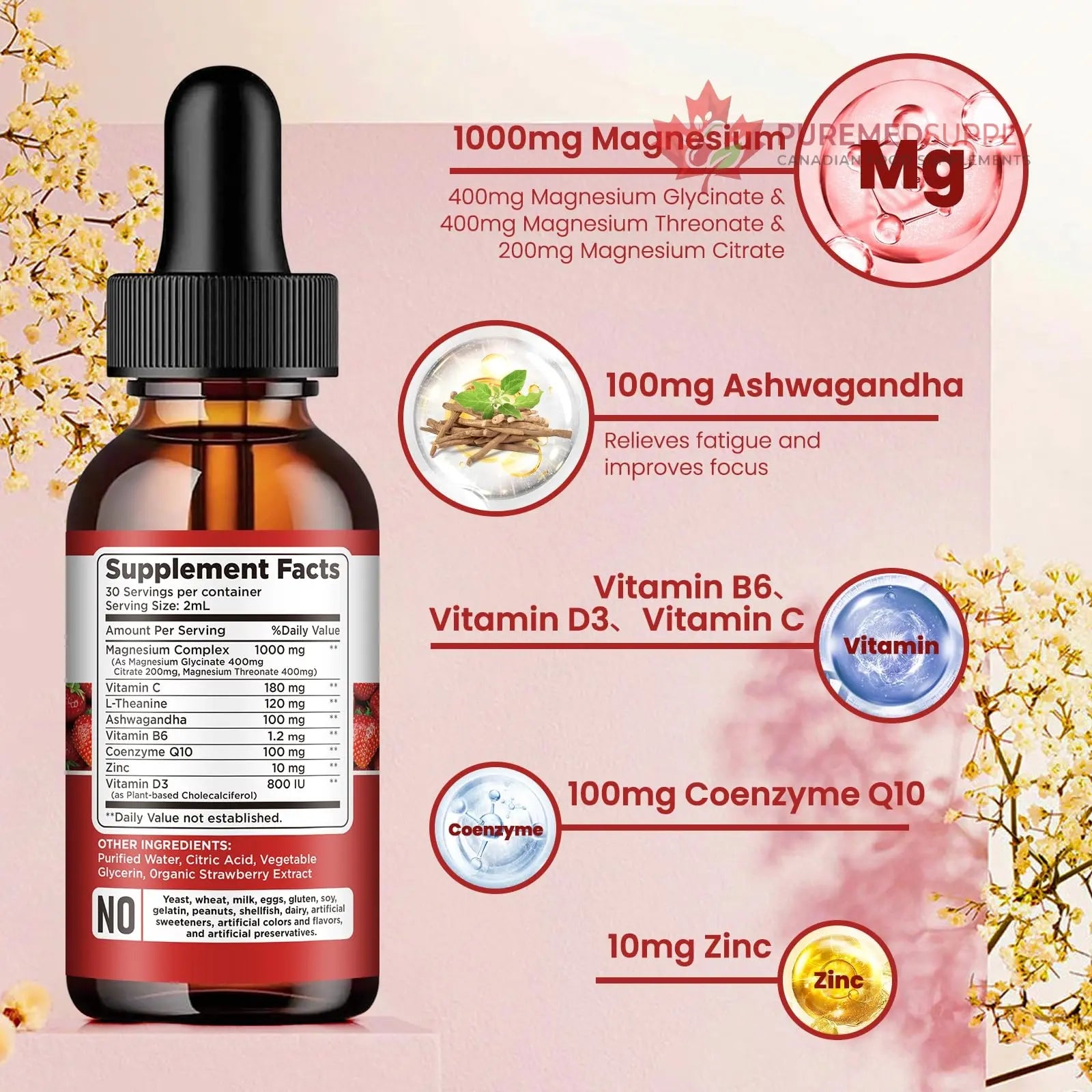 Triple Magnesium Complex Supplement, Magnesium Glycinate, Blend, Citrate Liquid Drops 1000mg with Ashwagandha, CoQ10, Vitamin B6, C, D, Zinc -Support Calm Stress Relief, Bone, Muscle, Mood Vegan dilib buy supplements canada