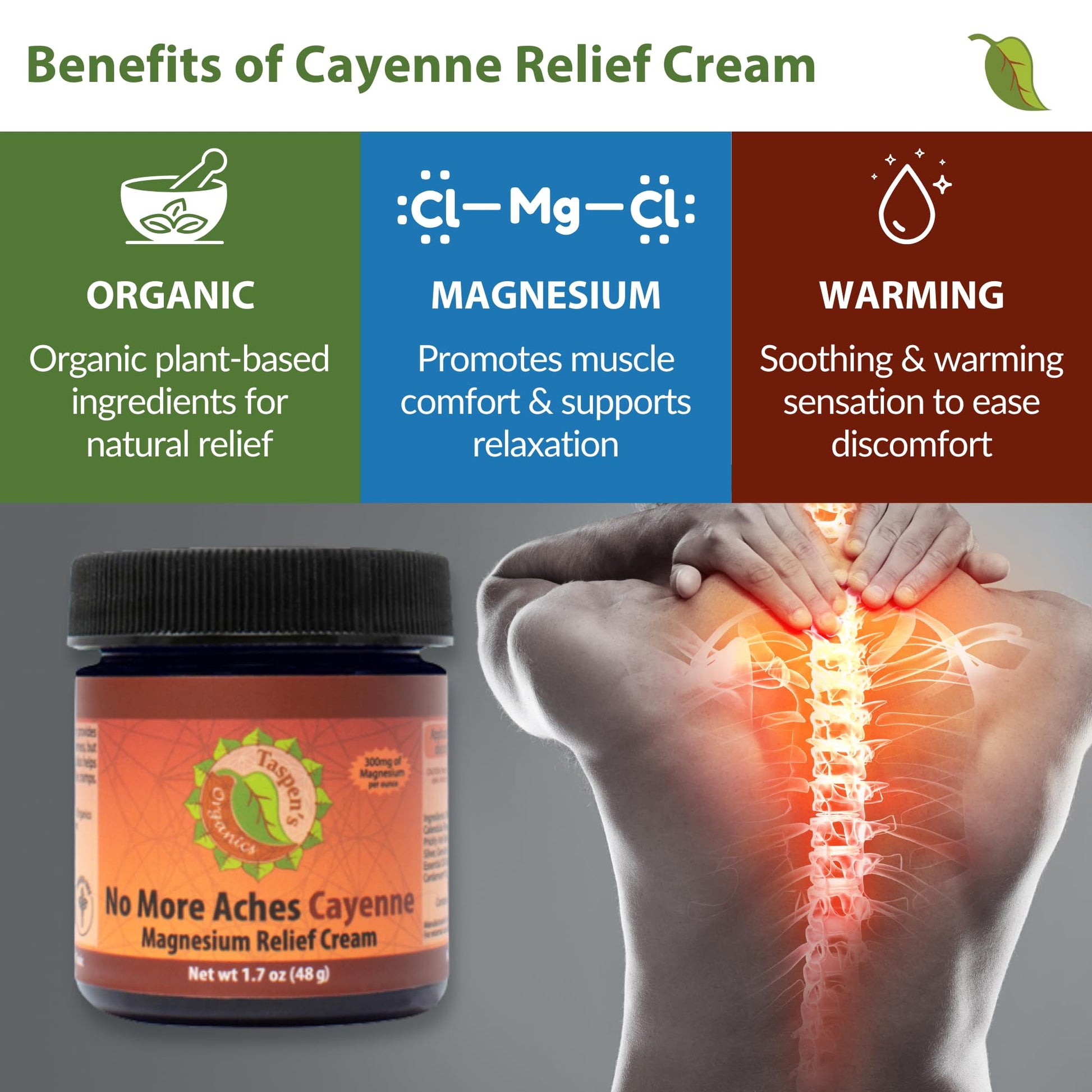 Taspen's Organics Magnesium No More Aches Cayenne Relief Cream – Pain, Tension & Nerve Comfort – Muscle Relief – Warming with Cayenne, Ginger, Arnica & St. John's Wort – Topical Fast Relief (1.7 oz) Taspen's Organics buy supplements canada