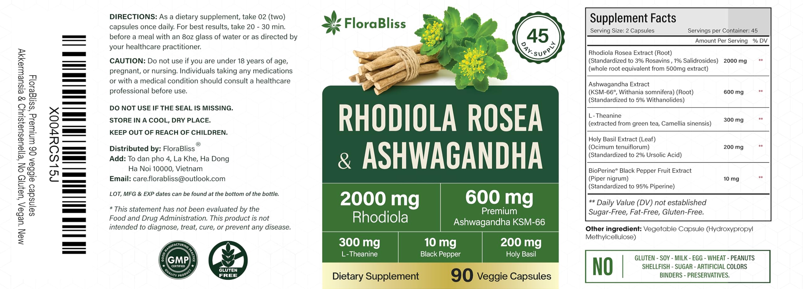 FloraBliss Rhodiola Rosea with Ashwagandha KSM-66, L-Theanine, Holy Basil & Black Pepper - 90 High Potency Vegan Capsules - 45-Day Supply FloraBliss buy supplements canada