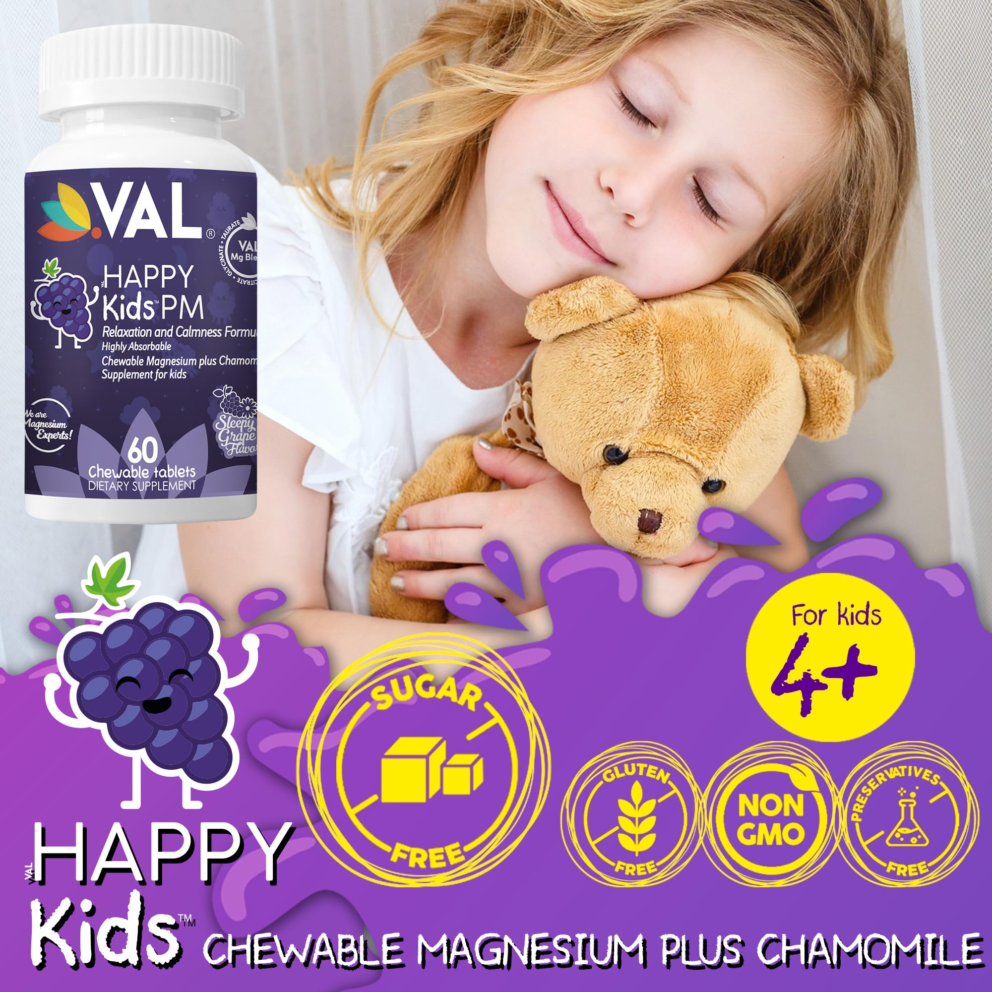 VAL Kids PM Magnesium Gummies | Sugar-Free Chewable Tablets with Chamomile, Magnesium Glycinate + Citrate + Taurate | Vitamin B6 & C | Natural Grape Flavor | Sleep & Calm Support | 60 Ct | Ages 4+ VAL buy supplements canada
