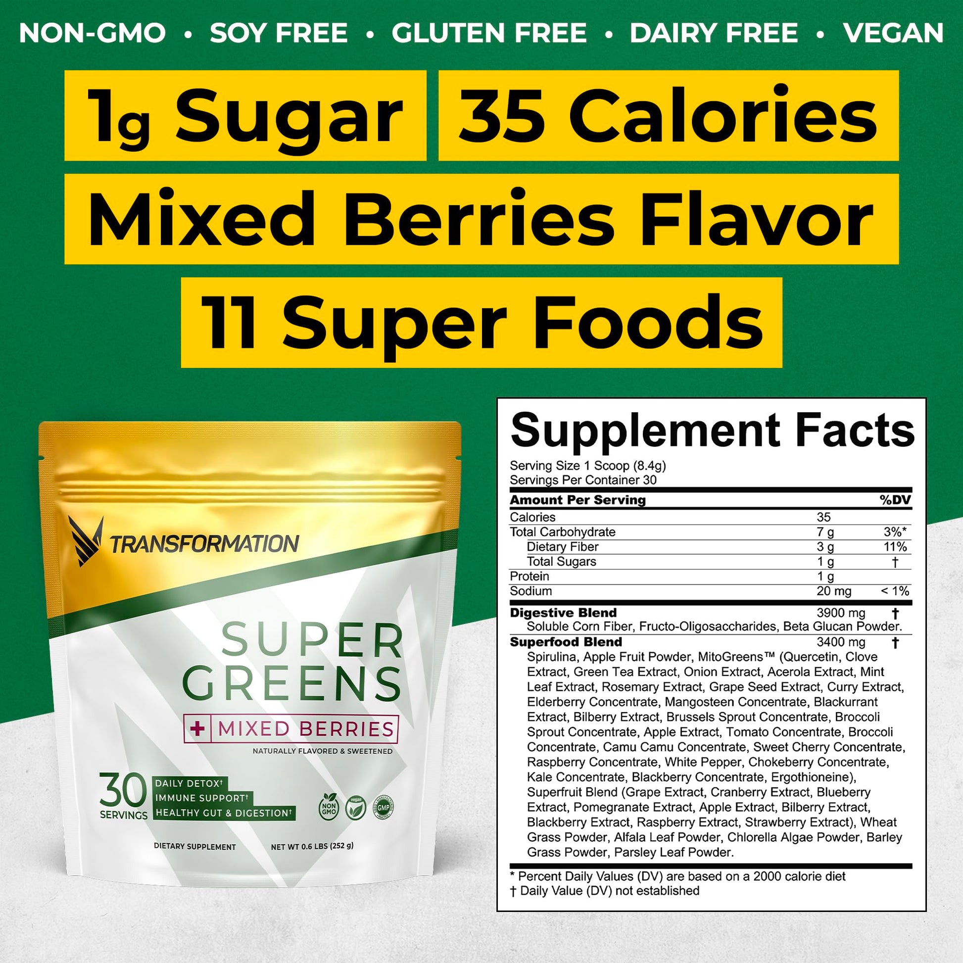Transformation Super Greens Superfood Green Juice Powder - Immune & Energy Support | Natural Ingredients | Detoxifying & Alkalizing Minerals - Spirulina, Chlorella, Wheatgrass, Spinach, Alfalfa SPR BODY buy supplements canada