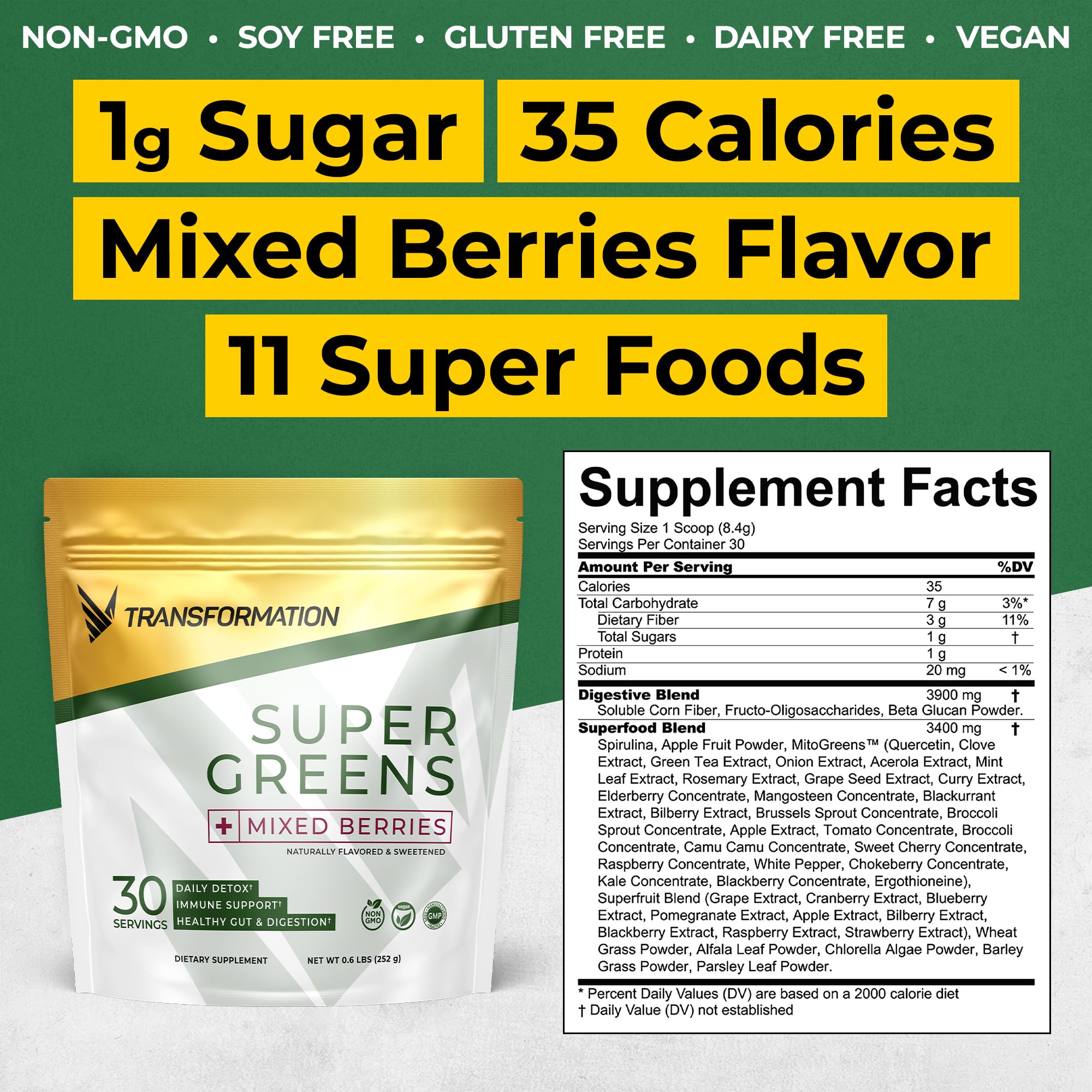 Transformation Super Greens Superfood Green Juice Powder - Immune & Energy Support | Natural Ingredients | Detoxifying & Alkalizing Minerals - Spirulina, Chlorella, Wheatgrass, Spinach, Alfalfa SPR BODY buy supplements canada