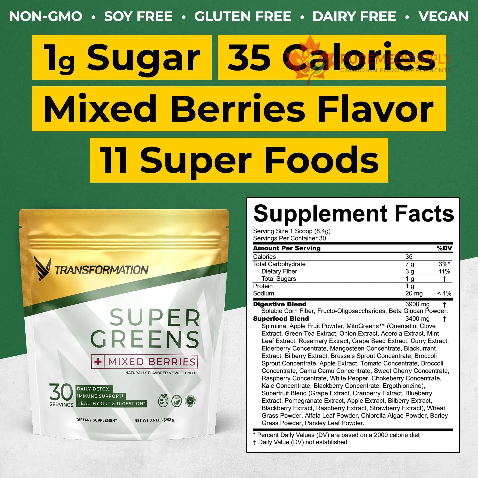 Transformation Super Greens Superfood Powder & Performance Insulated Shaker Bottle | Immune & Energy Support | Made with Natural Ingredients | Detoxifying & Alkalizing Minerals SPR BODY buy supplements canada