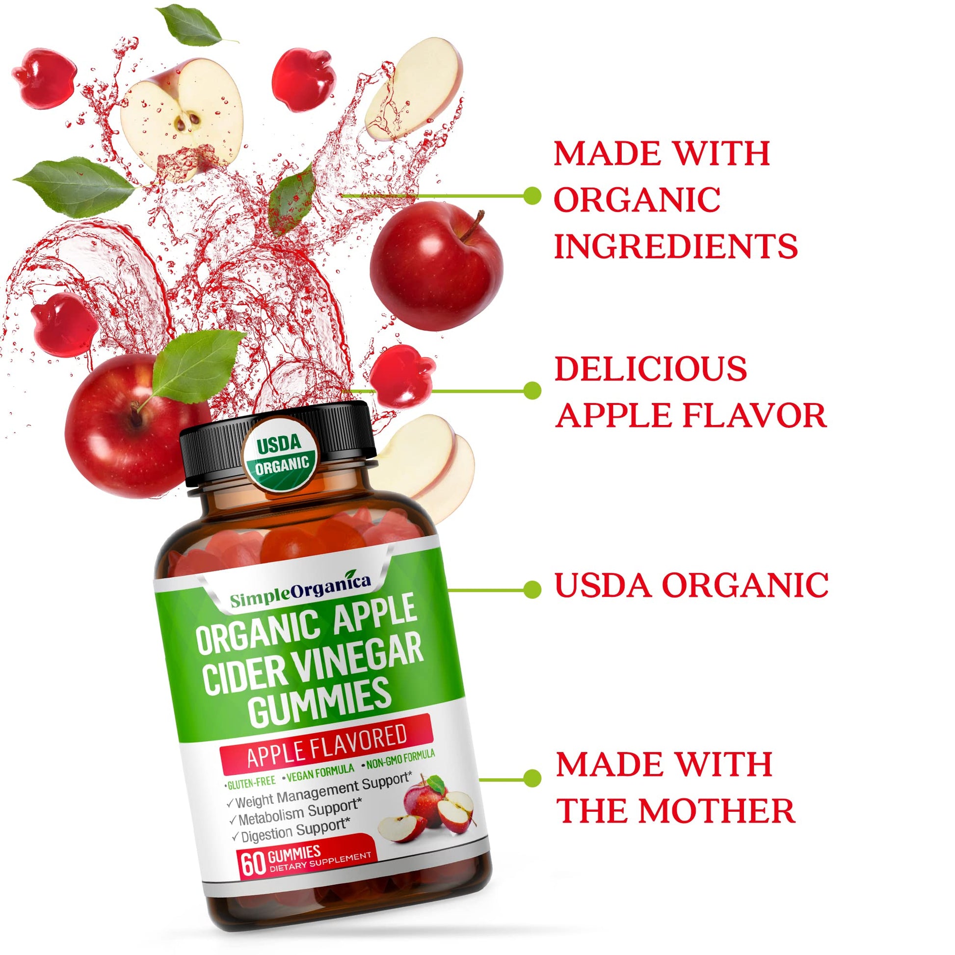 USDA Organic Apple Cider Vinegar Gummies with The Mother. AVC Keto Gummy Vitamins Simple Organica buy supplements canada