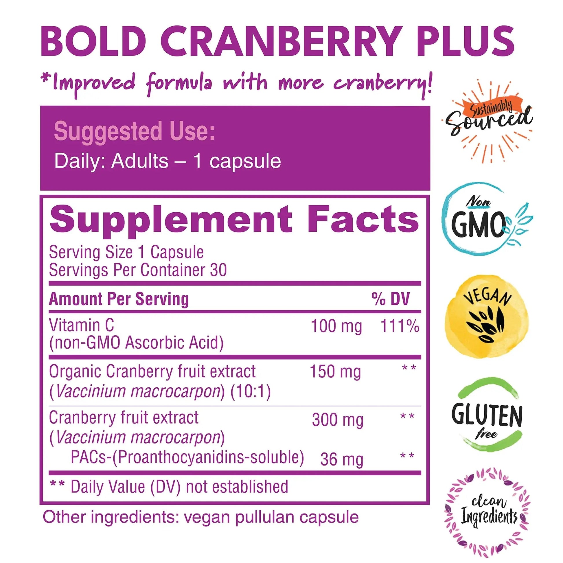 Bold Cranberry Plus Capsules - 100% Soluble 36mg PACs - Cranberry Pills for Women & Men with Urinary Tract Support, Non-GMO Vitamin C — 30 Vegan Capsules, 1 Month Supply Bold Botanica buy supplements canada
