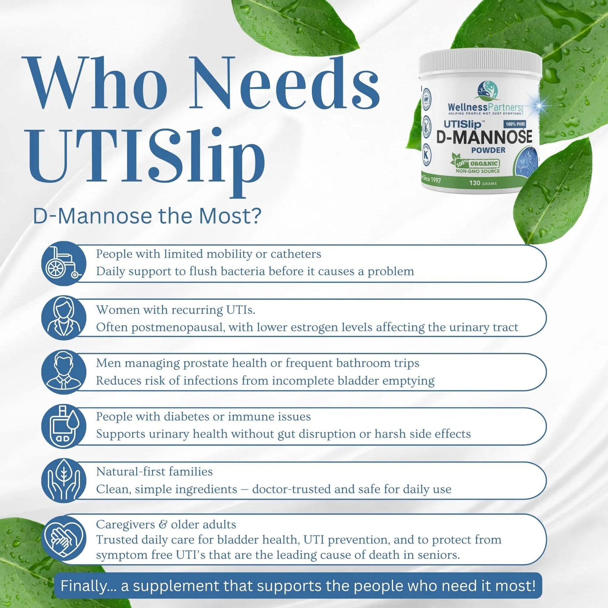 Now New UTI-Slip D Mannose Non GMO Organic Source Powder 130g jar. WellnessPartners buy supplements canada