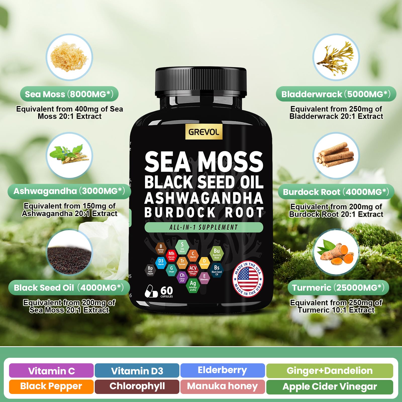 Sea Moss Black Seed Oil Ashwagandha Bladderwrack Burdock Root Turmeric & Vitamin C D3 Elderberry ACV Black Pepper - Multimineral Supplement - 60 Count Grevol buy supplements canada