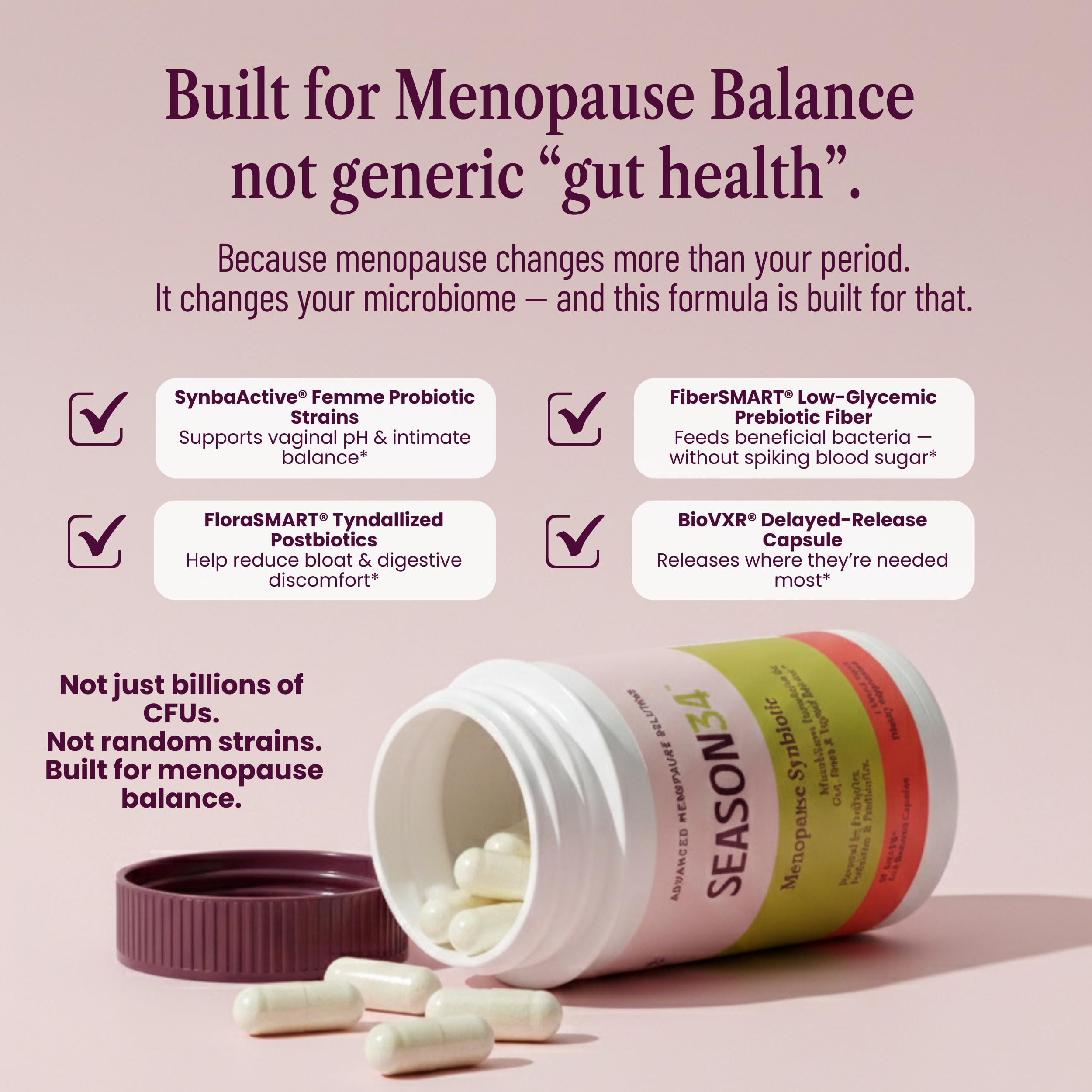 SEASON34 3-in-1 Menopause Probiotic for Women 40+ | Vaginal Care, pH, Odor & Intimate Comfort + Skin, Gut & Bloat Support | with Prebiotic Fiber & Postbiotics | 30 Capsules, 1 Month Supply SEASON34 buy supplements canada