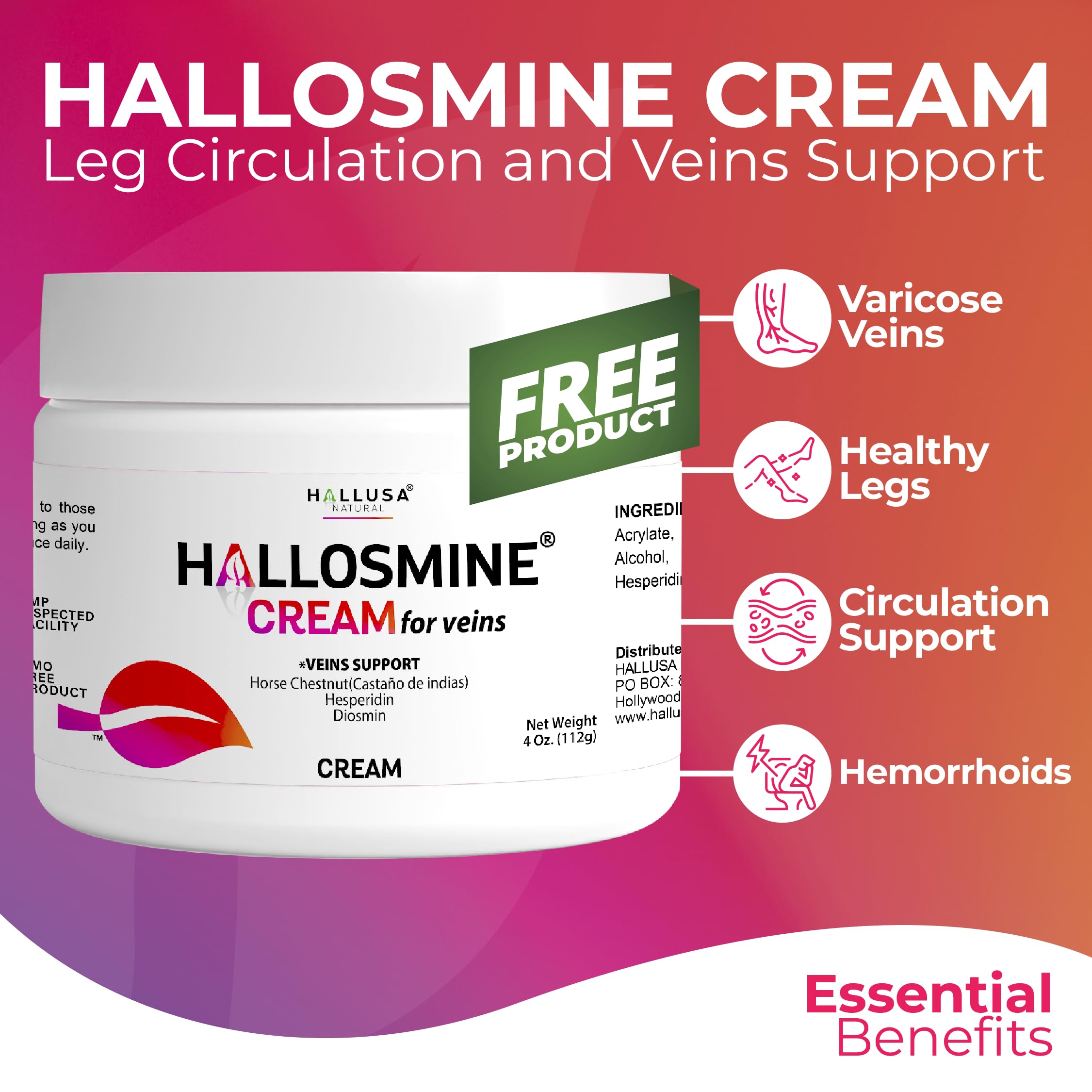 Hallosmine Ultra 650mg Diosmin Hesperidin, 60 Capsules + FREE Leg Cream with Diosmin, Hesperidin & Horse Chestnut, 4 oz | Blood Circulation & Vein Support Supplement, GMO Free, Gluten Free Hallusa Natural buy supplements canada