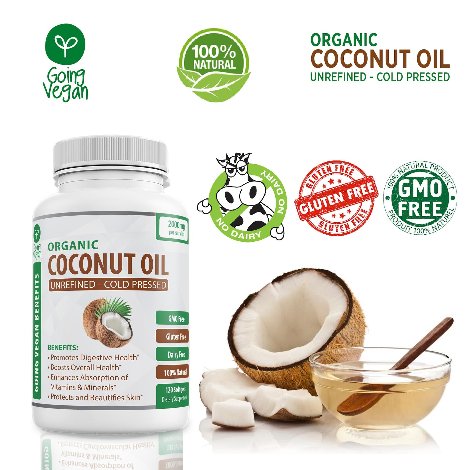 Organic Coconut Oil Capsules 2000mg - 100% Extra Virgin, Cold Pressed for Healthy Skin Going Vegan buy supplements canada