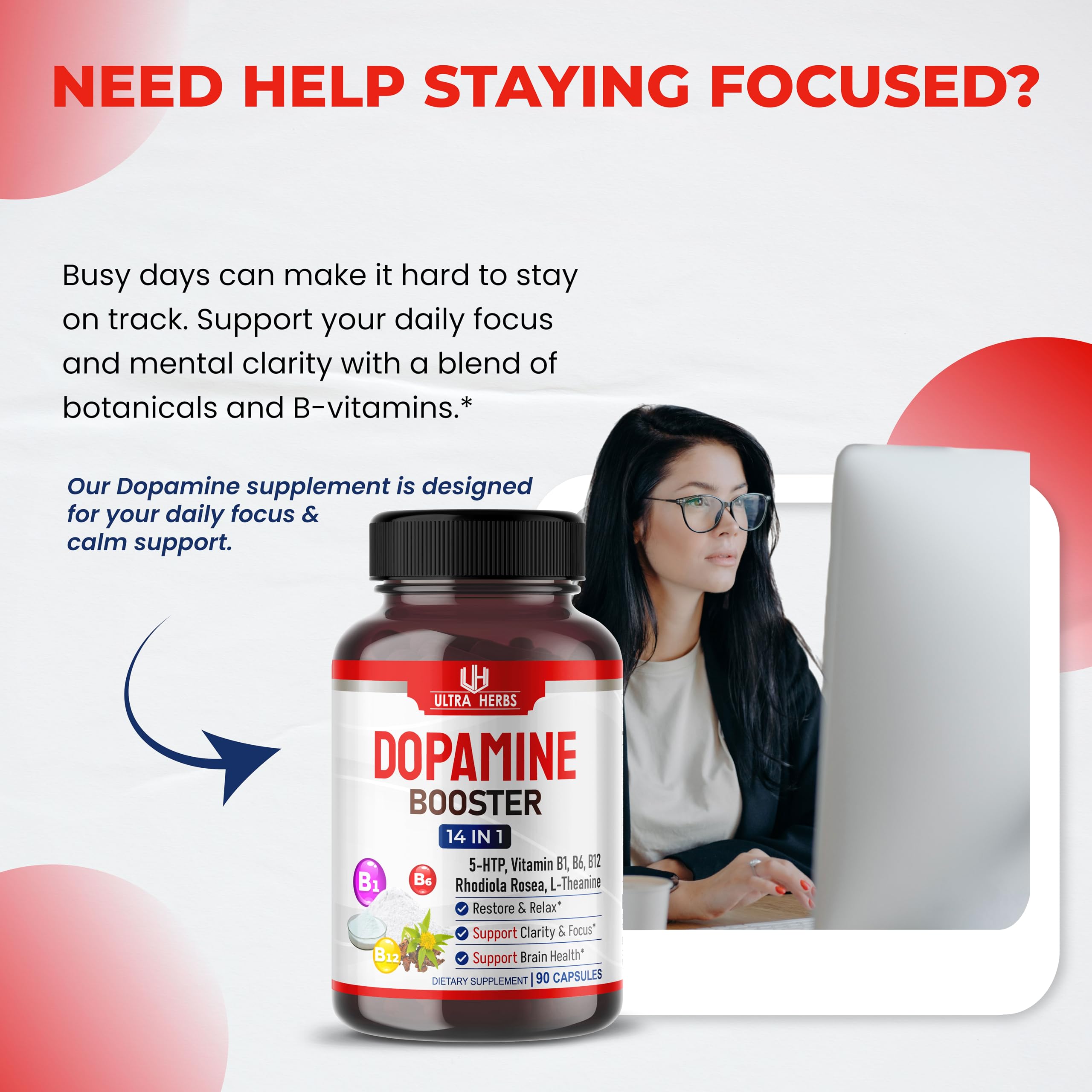 Dopamine Focus Supplement Ashwagandha 5-HTP Rhodiola Rosea St. John's Wort - Increase Memory Clarity Focus Restore Relax with VIT B1, B6, B12, L-Theanine ULTRA HERBS buy supplements canada