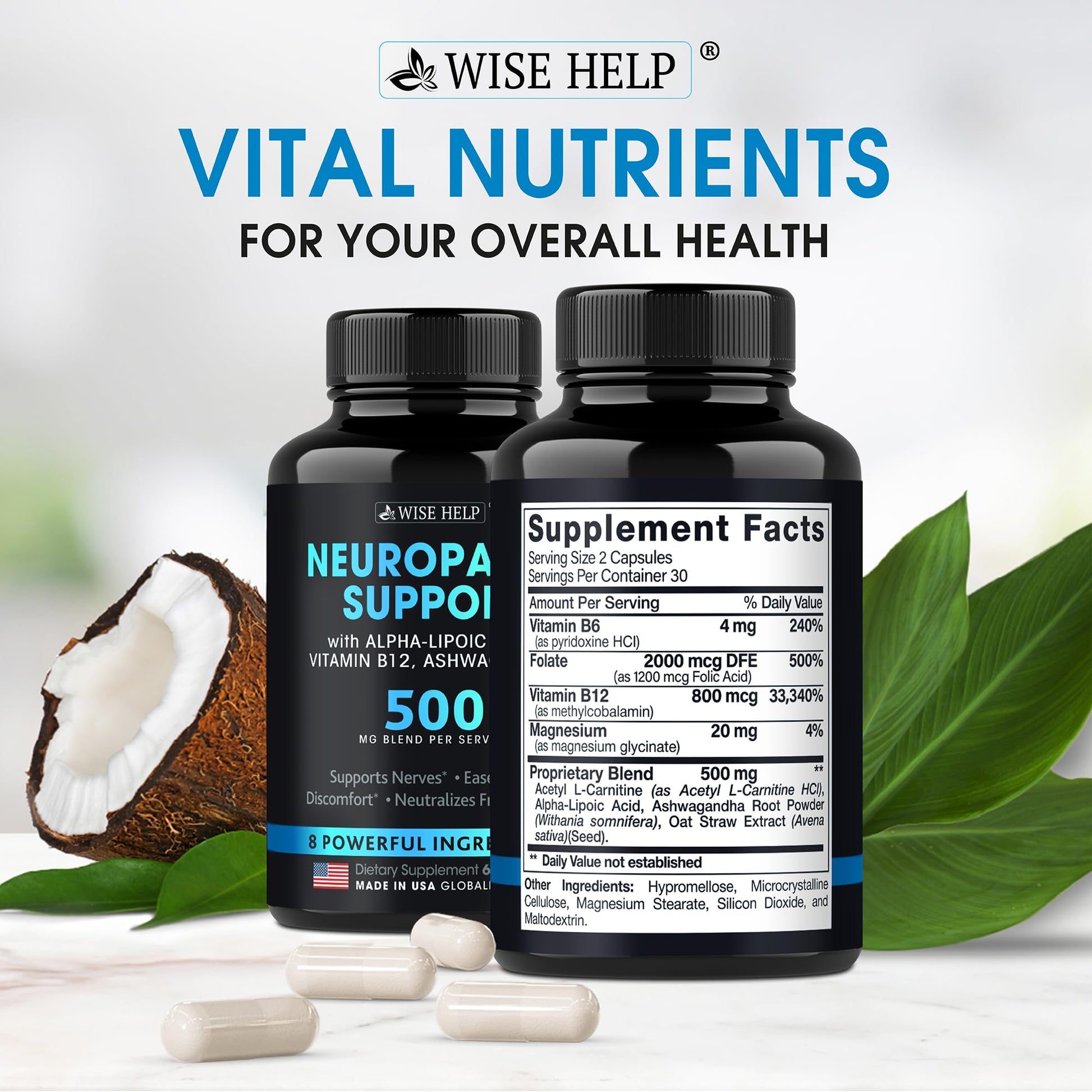 Neuropathy Support Natural Nerve Discomfort Relief - Made in USA - Nerve Antioxidant for Trigeminal Neuralgia, Diabetic & Peripheral Neuropathy - Hands, Neck, Feet & Toes Treatment Formula - Pack of 2 WISEHELP buy supplements canada