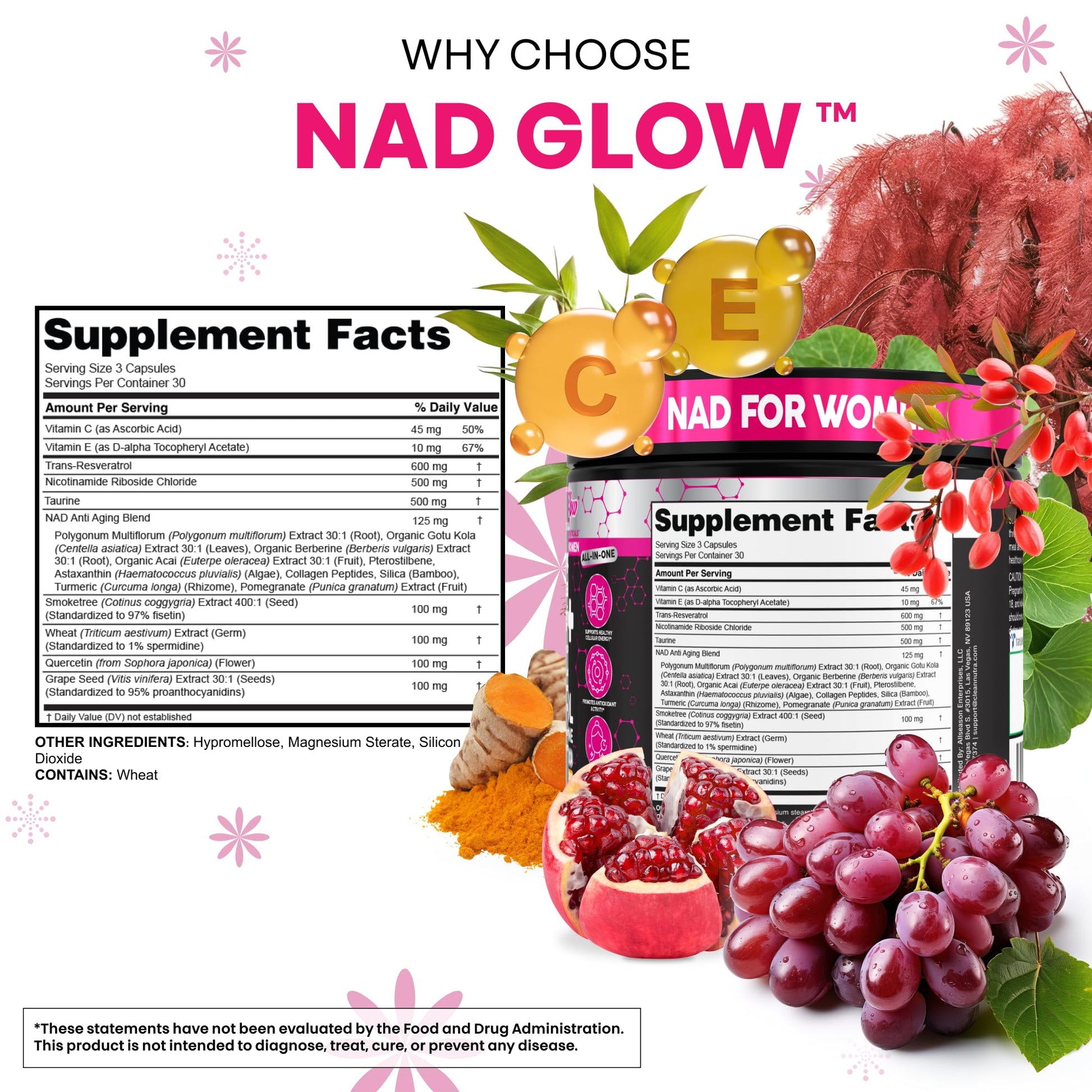 NAD+ Resveratrol Supplement for Women NAD Turmeric Vitamin C Acai Pomegranate Collagen Peptides Nicotinamide Riboside Fisetin Vitamin E Polygonum Multiflorum Berberine 90 Capsules by Clean Nutra Clean Nutraceuticals buy supplements canada
