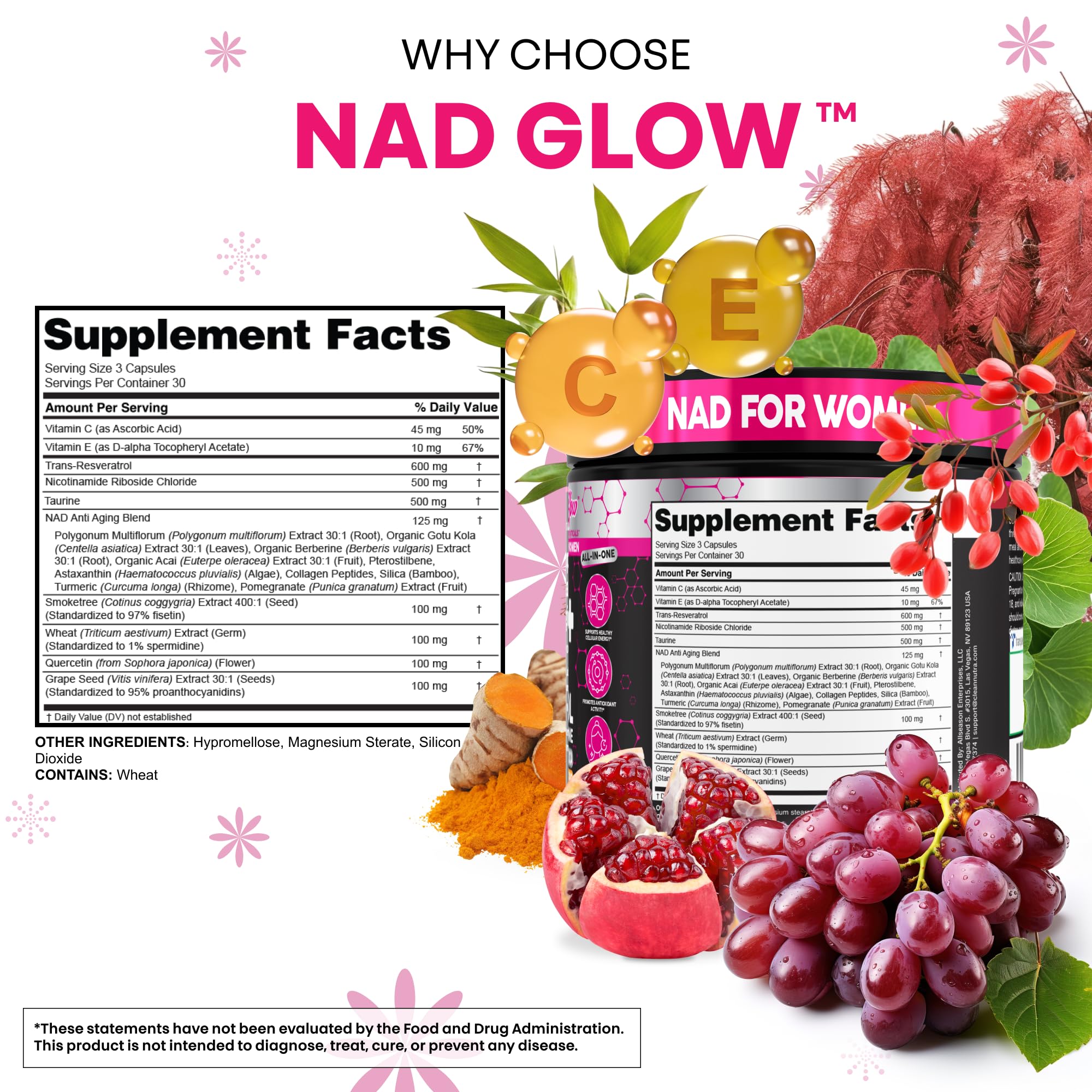 NAD+ Resveratrol Supplement for Women NAD Turmeric Vitamin C Acai Pomegranate Collagen Peptides Nicotinamide Riboside Fisetin Vitamin E Polygonum Multiflorum Berberine 90 Capsules by Clean Nutra Clean Nutraceuticals buy supplements canada