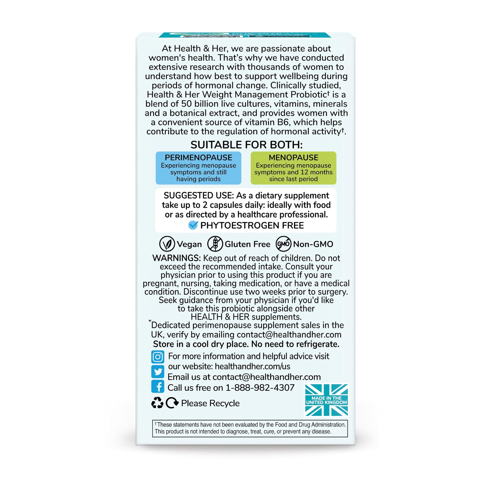 Health & Her Weight Management Probiotics for Women - Perimenopause & Menopause Supplement - Clinically Studied 50bn CFU Probiotics to Support Gut Health, Energy, Mood & Mind, Vegan (60 ct - 1 Month) Health and Her buy supplements canada