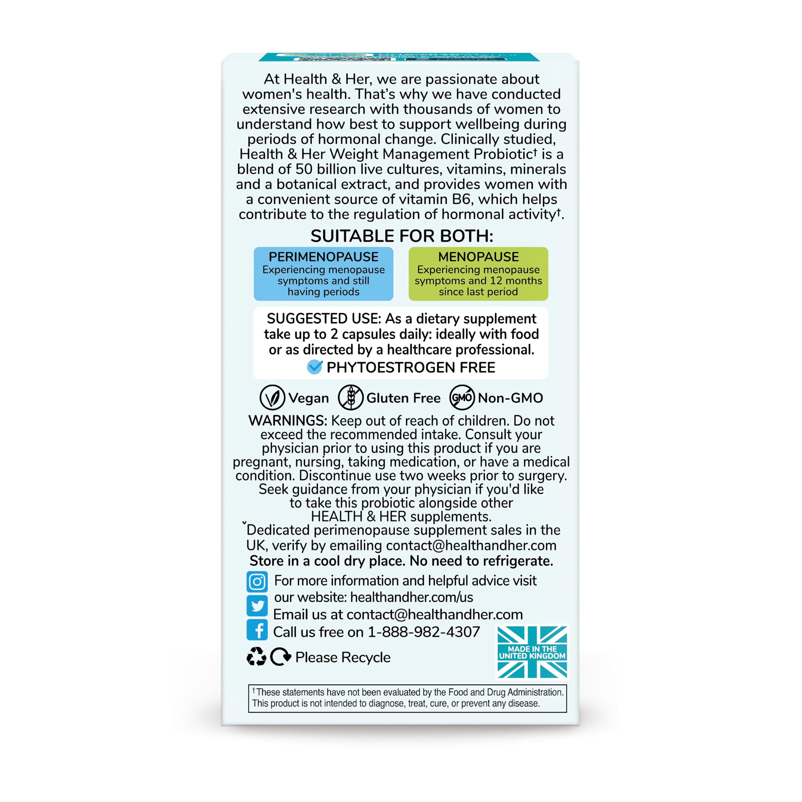 Health & Her Weight Management Probiotics for Women - Perimenopause & Menopause Supplement - Clinically Studied 50bn CFU Probiotics to Support Gut Health, Energy, Mood & Mind, Vegan (60 ct - 1 Month) Health and Her buy supplements canada