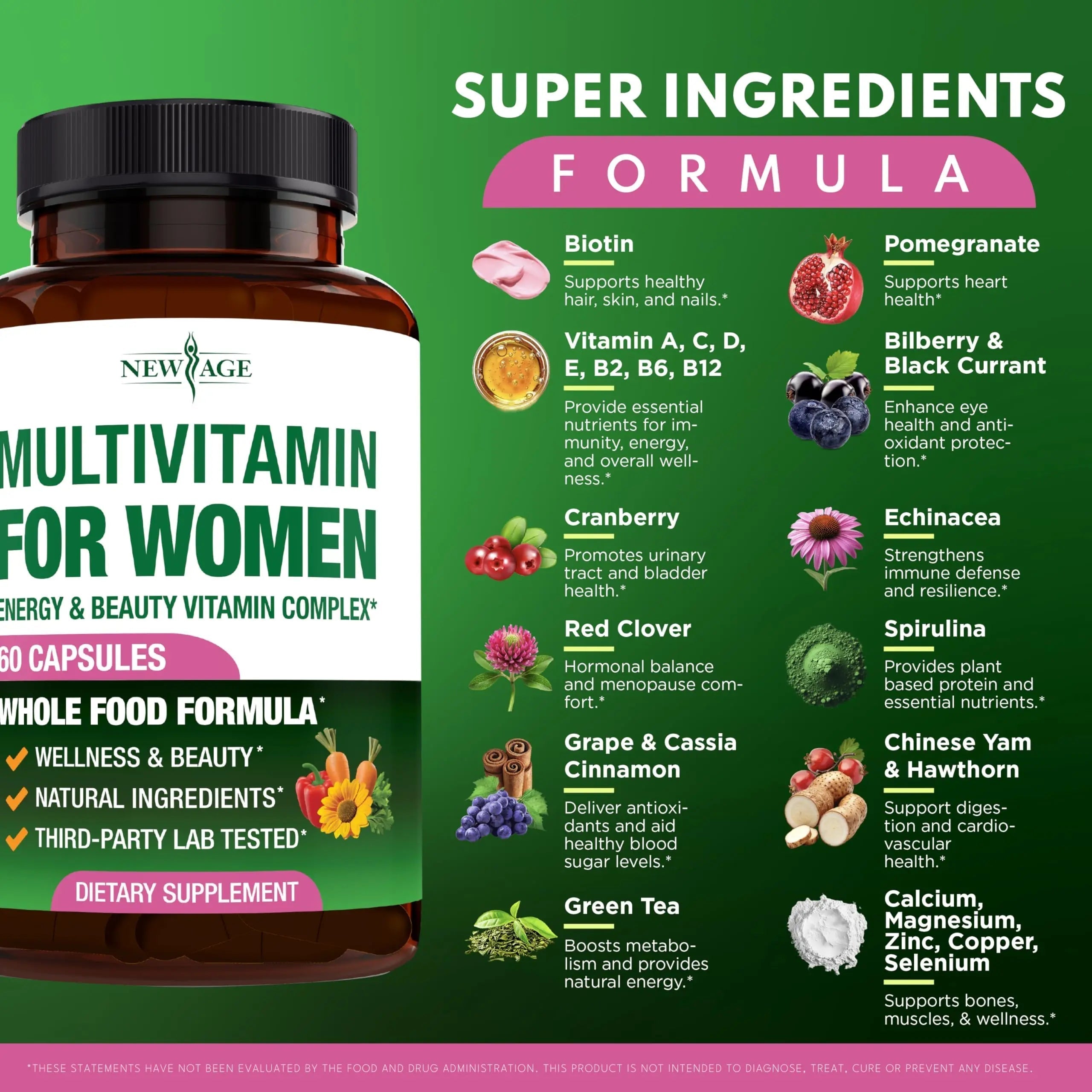 NEW AGE Multivitamin for Women - B-Complex, Whole Foods, Hair Support, Iron - All in1 Womens Multivitamin NEW AGE buy supplements canada