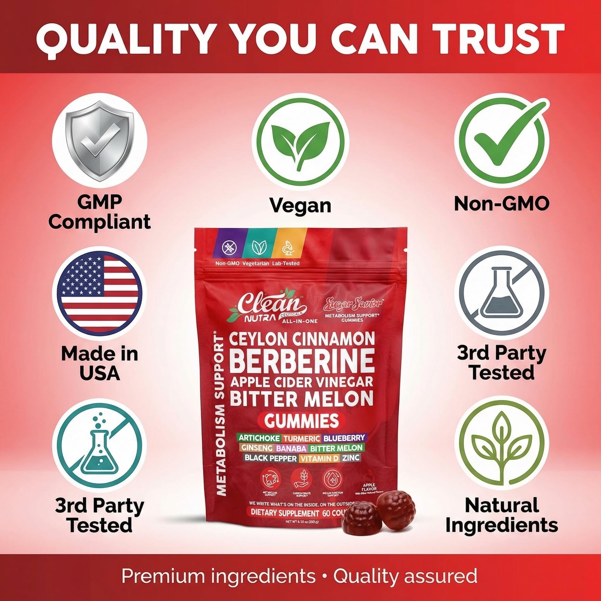 Sugar Savior Ceylon Cinnamon Berberine Gummies Apple Cider Vinegar Artichoke Turmeric Blueberry Ginseng Banaba Bitter Melon Black Pepper Vitamin D Zinc GLP1 Gummies 60 Count by Clean Nutra Clean Nutraceuticals buy supplements canada