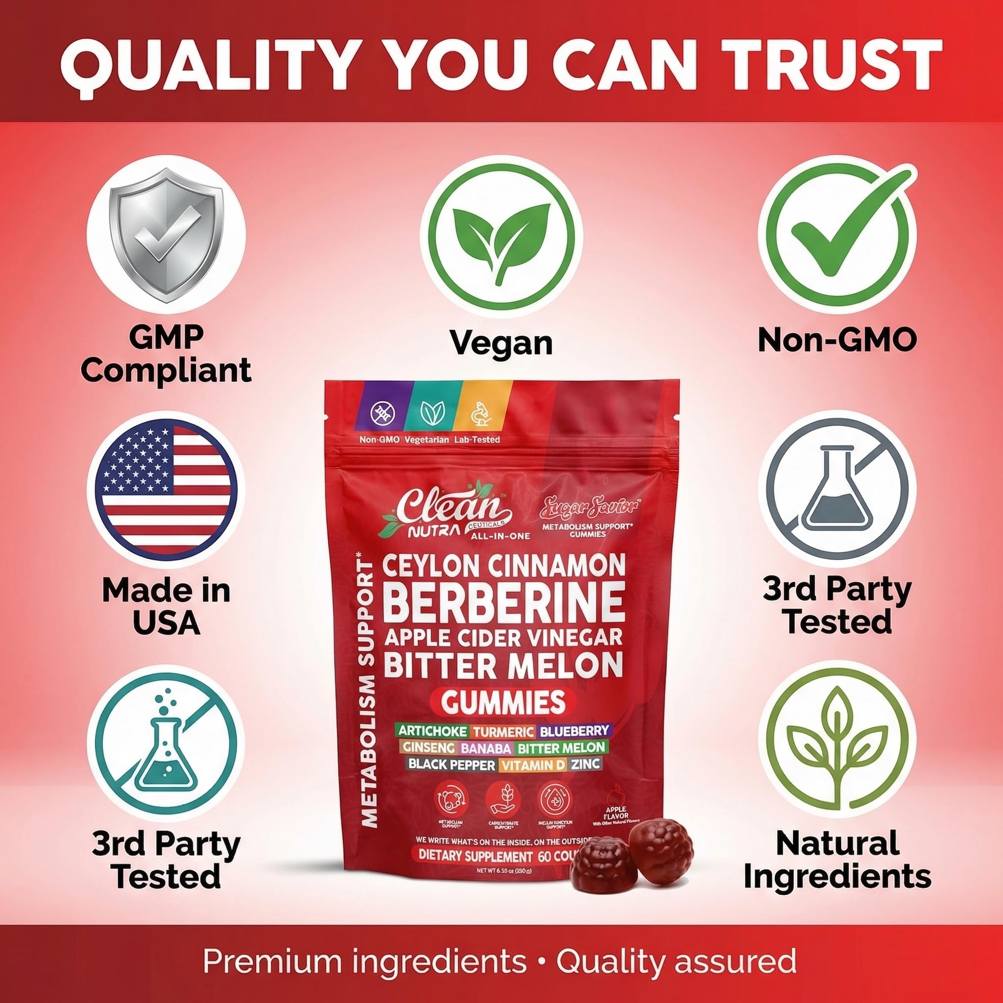 Sugar Savior Ceylon Cinnamon Berberine Gummies Apple Cider Vinegar Artichoke Turmeric Blueberry Ginseng Banaba Bitter Melon Black Pepper Vitamin D Zinc GLP1 Gummies 60 Count by Clean Nutra Clean Nutraceuticals buy supplements canada