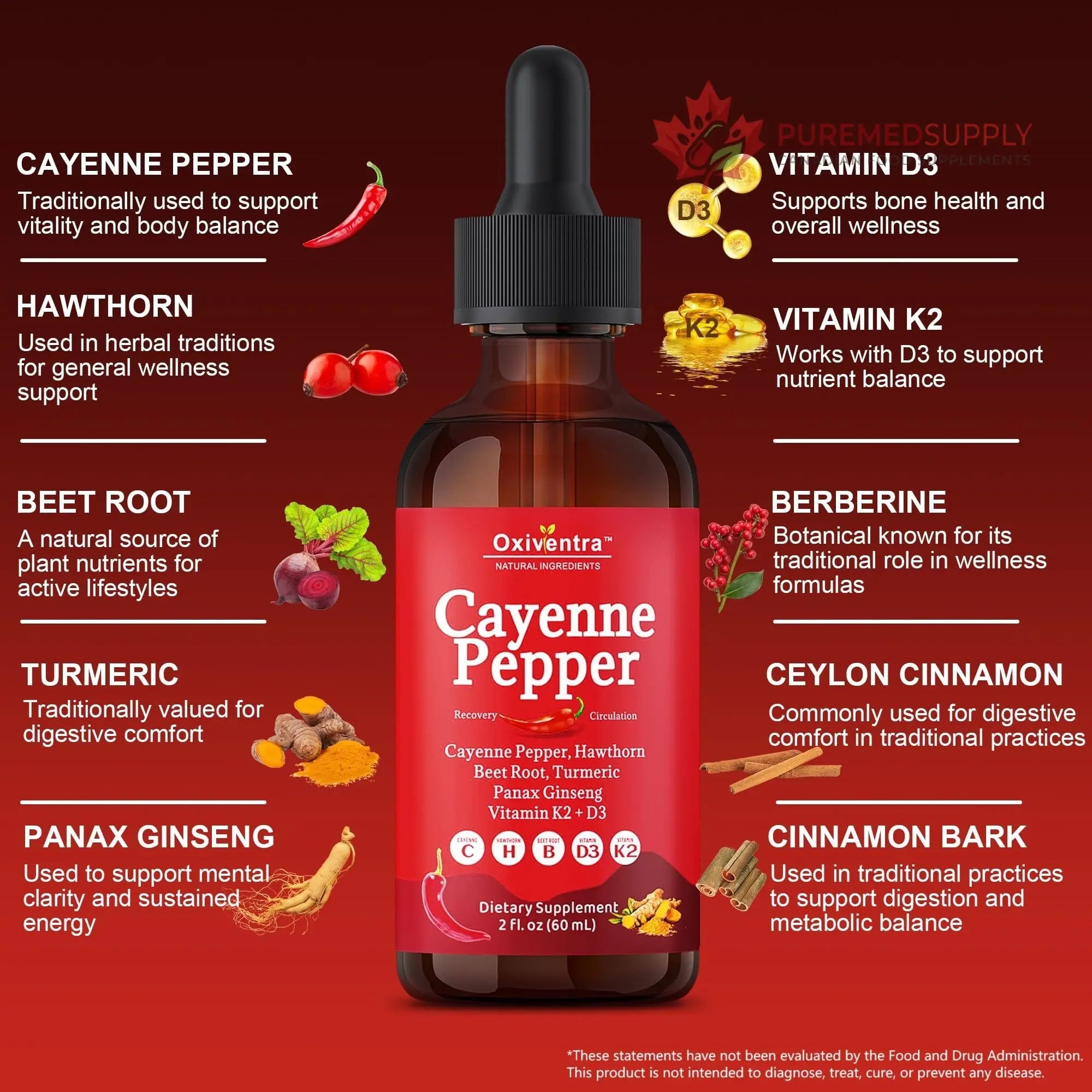 Cayenne Pepper Drops Liquid Supplement Smooth & Sweet Herbal Liquid + Hawthorn Berry, Vitamin D3 K2 Beet Root Powder, Ceylon Cinnamon, Turmeric Curcumin, Organic Panax Ginseng - 2fl oz Oxiventra buy supplements canada