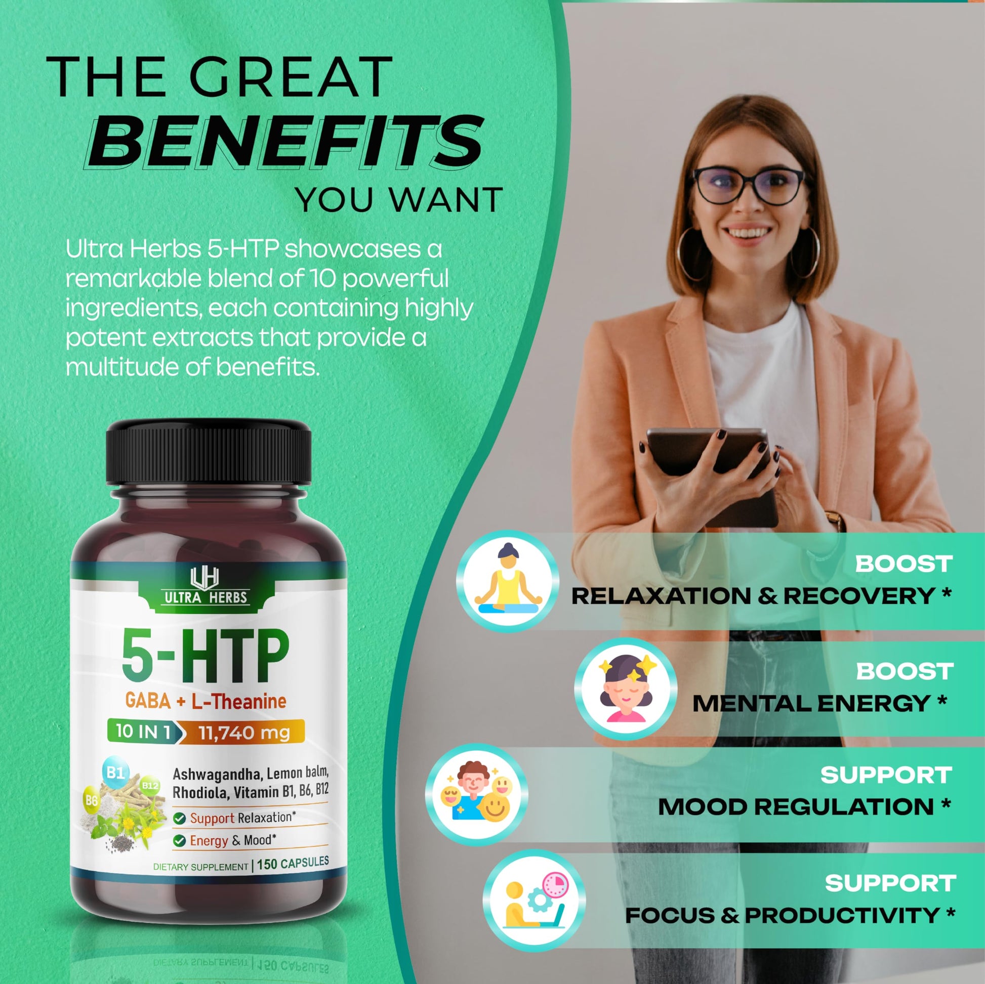 5-HTP Supplement 11,740mg 10 in 1 with GABA, L-Theanine, Ashwagandha, Rhodiola ULTRA HERBS buy supplements canada