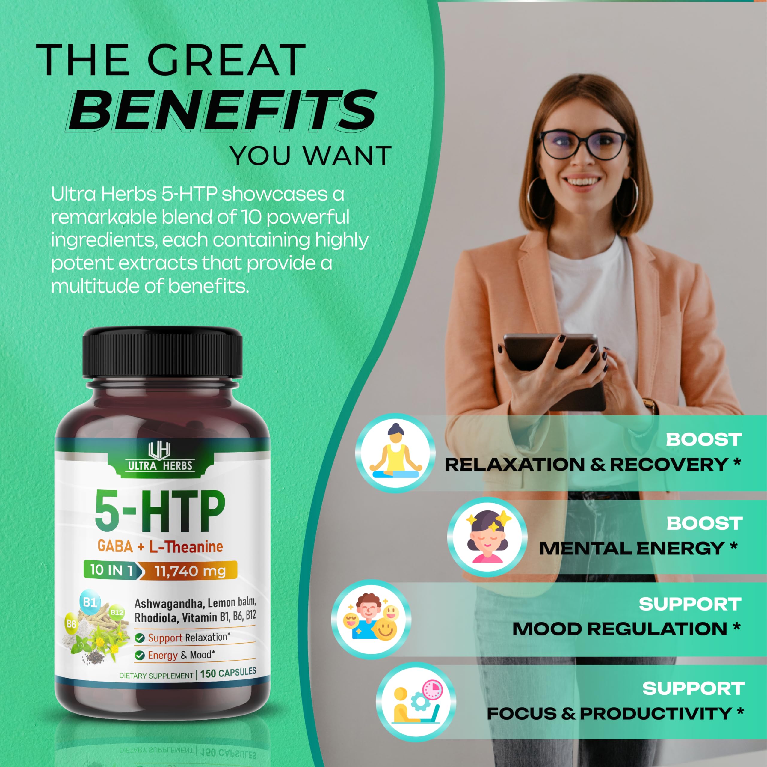 5-HTP Supplement 11,740mg 10 in 1 with GABA, L-Theanine, Ashwagandha, Rhodiola ULTRA HERBS buy supplements canada
