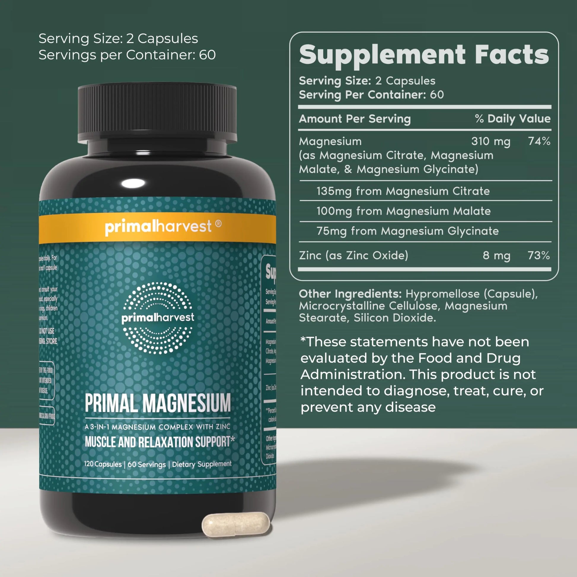 Primal Harvest Magnesium Supplement Complex 310mg by Primal Harvest with Magnesium Glycinate, Citrate, Malate, and Zinc 2 Pack, 240 Capsules Primal Harvest buy supplements canada