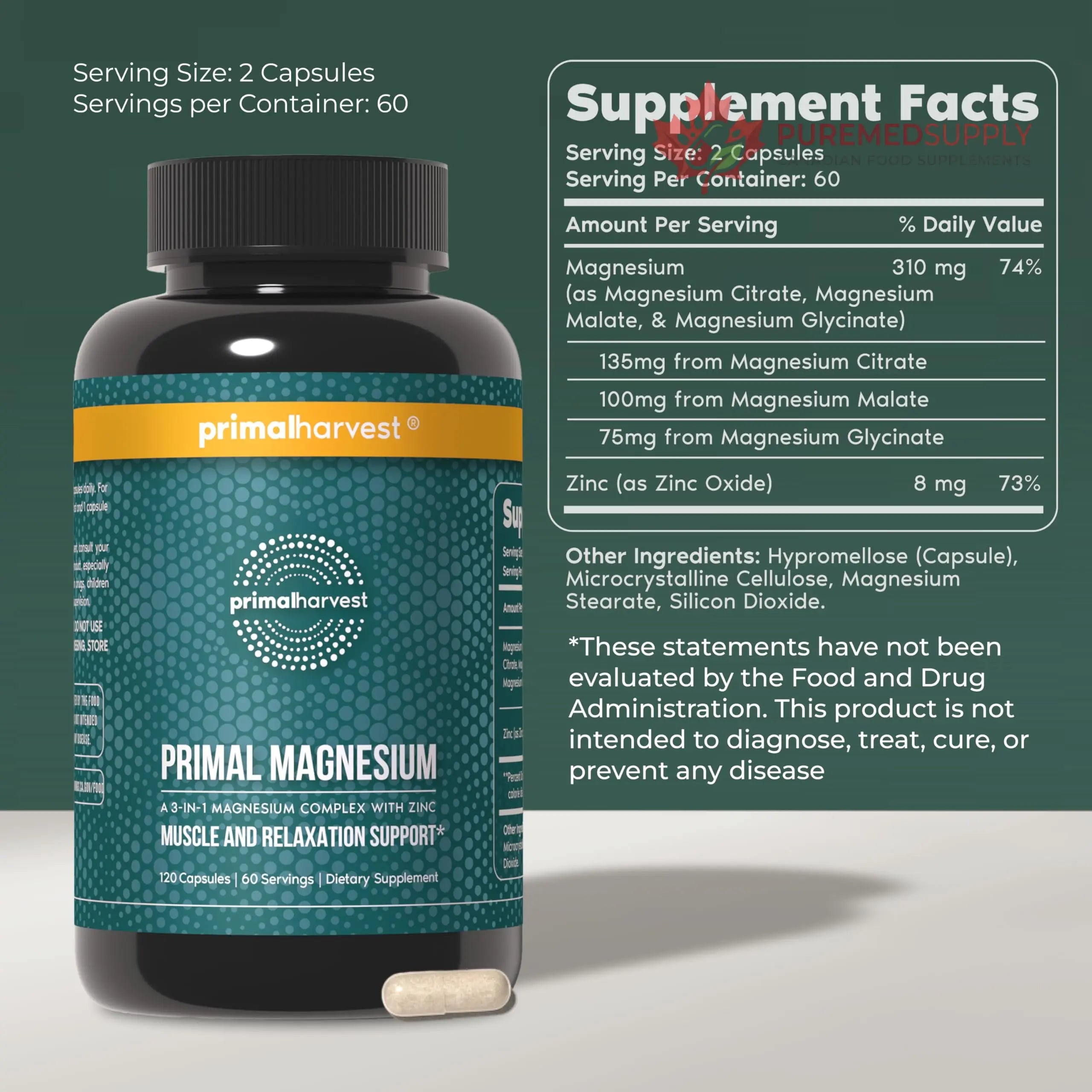 Magnesium Supplement Complex 310mg by Primal Harvest with Magnesium Glycinate, Citrate, Malate, and Zinc 120 Capsules Primal Harvest buy supplements canada