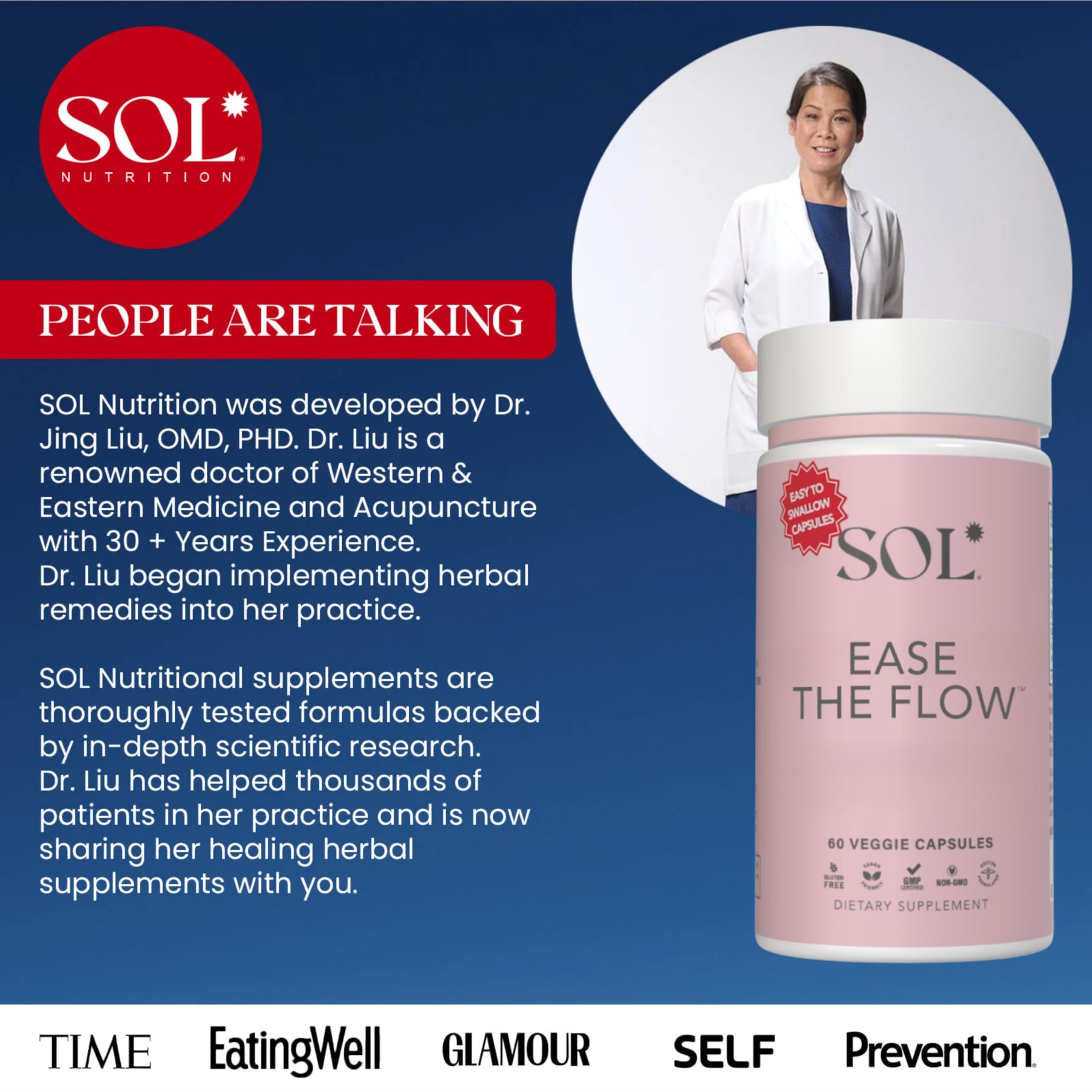 Sol Nutrition Ease the Flow - PMS Support, Menstrual Relief, PMDD Supplements, Period Relief Products, Eases Bloating & Mood Swings, Vitamins B6 & B8, 60 Easy-to-Swallow Capsules Sol Nutrition buy supplements canada