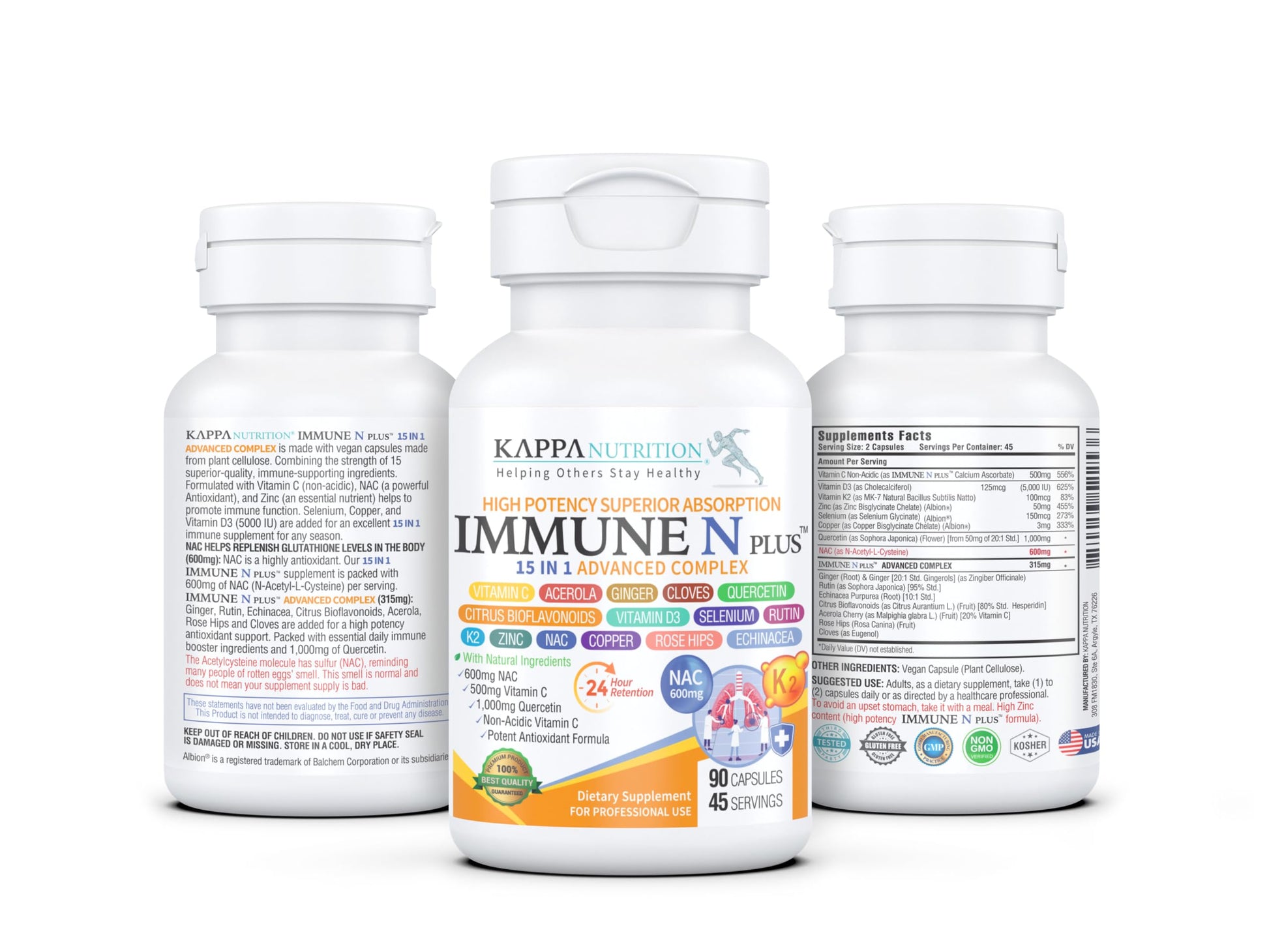 (90 Capsules), NAC 600mg, Quercetin 1,000mg, Vitamin C 500mg, Zinc 50mg, Vitamin D3 5,000iu, Selenium, Copper, Acerola, Ginger, Rutin, Citrus Bioflavonoids, Rose Hips, Echinacea, Immune N Plus 15 in 1 KAPPA NUTRITION buy supplements canada