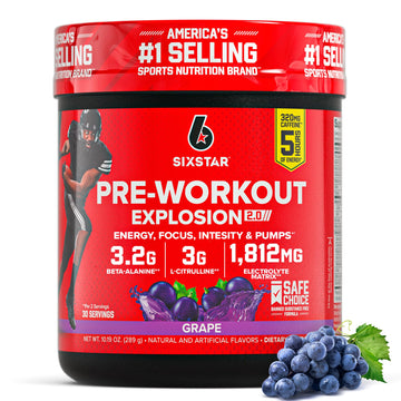 Six Star Pre-Workout Explosion, Grape (30 Servings) - Preworkout Energy Powder Supplement for Men & Women - Workout Drink Mix with L-Tyrosine & Beta Alanine Six Star buy supplements canada