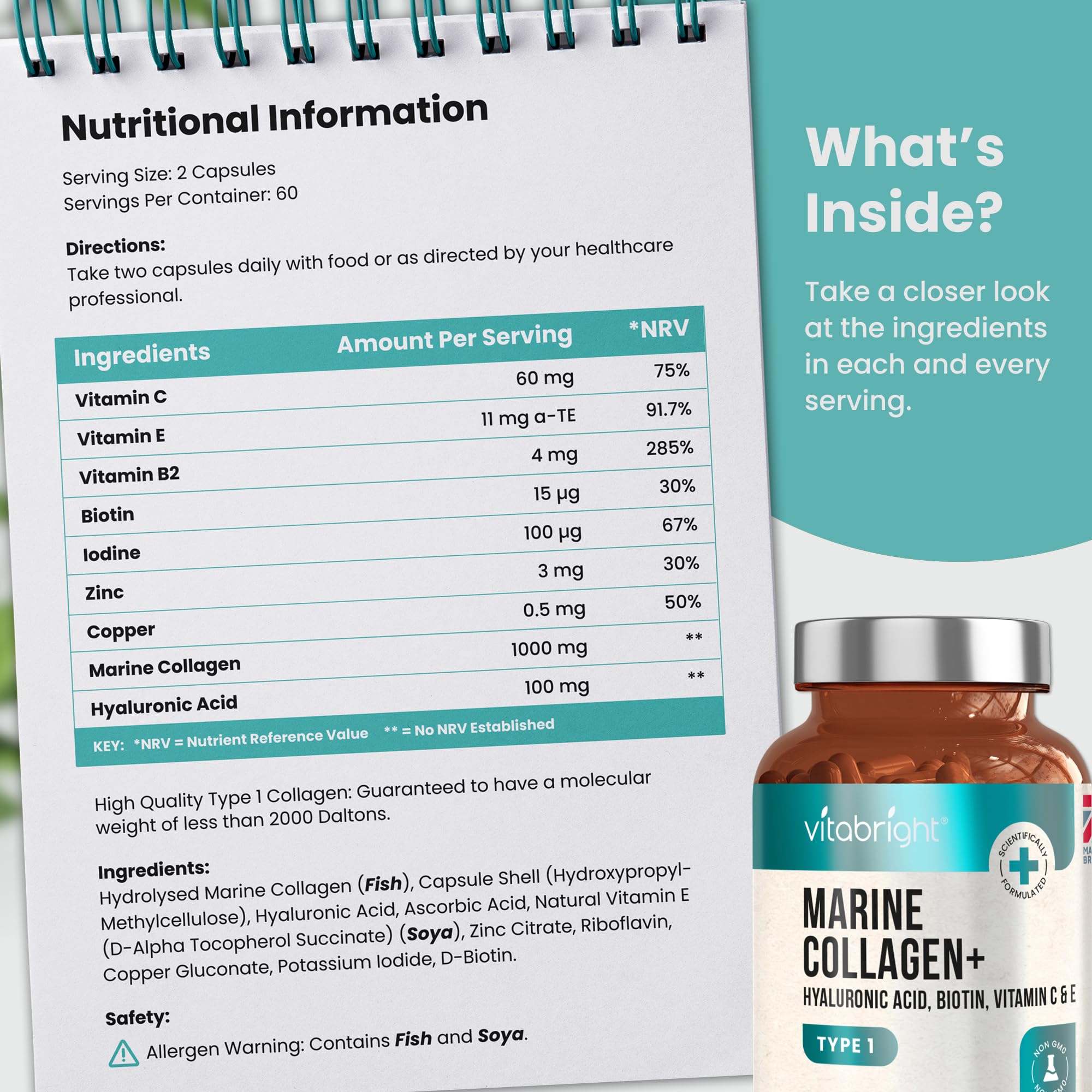 Marine Collagen Capsules 1000mg - 120 Capsules - 9 Powerful Skin Supporting Nutrients VitaBright buy supplements canada