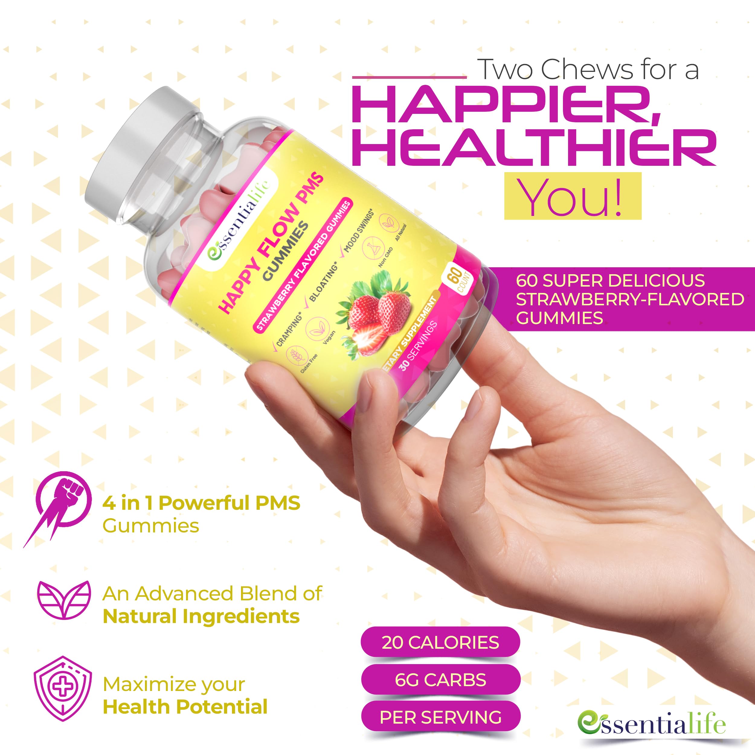 PMS Gummies - Happy Flow PMS Support Supplement for Women - Strawberry PMS Relief Supplement with Vitamin B6 for Hormone Balance, Period Support, Cramps, Hormonal Acne & Bloating Relief (60 Count) Essentialife buy supplements canada