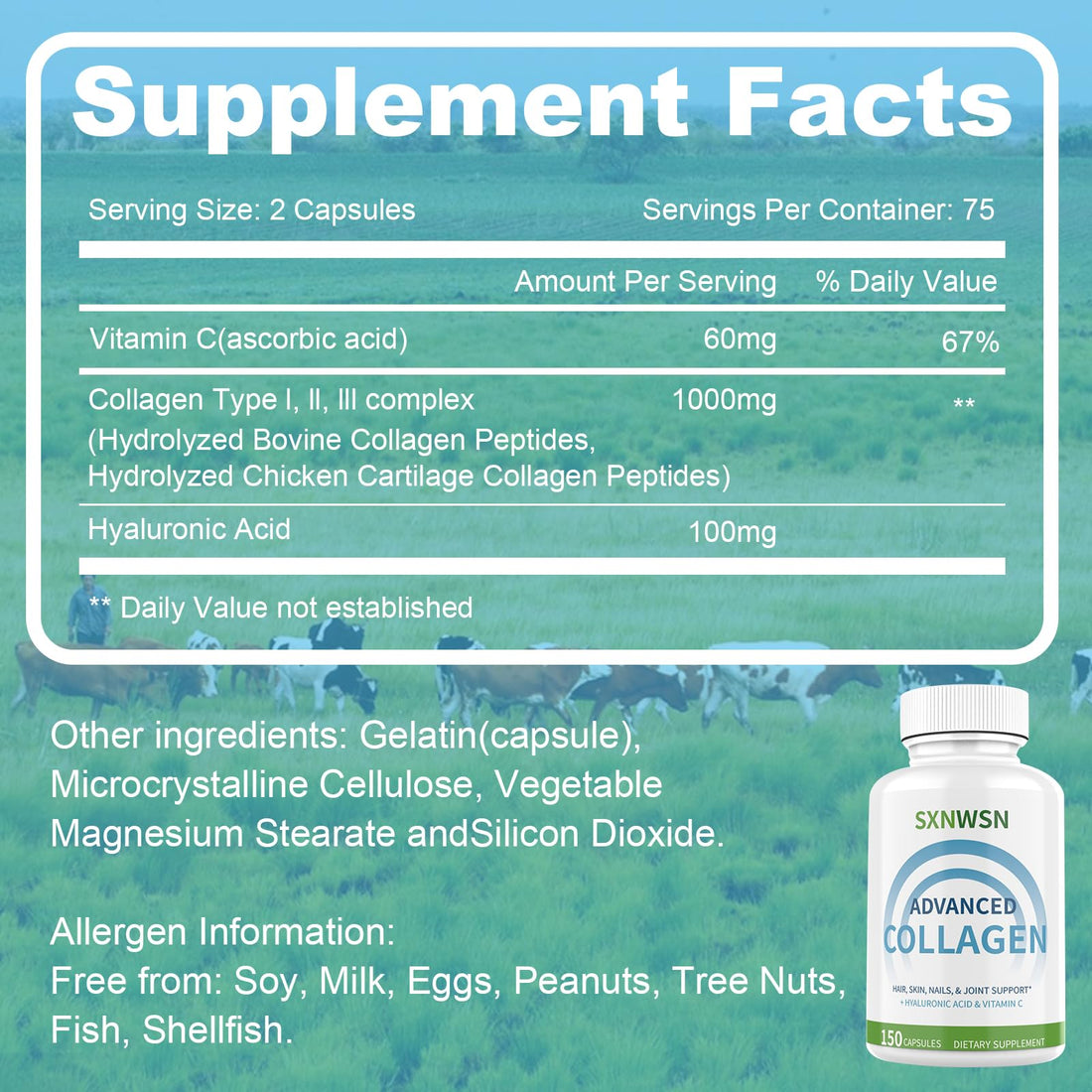 Advanced Multi Collagen Supplement with Vitamin C + Hyaluronic Acid - Hydrolyzed Collagen Peptides Supports for Skin, Joints & Hair* | Collagen Complex 150 Capsules for Women or Men SXNWSN buy supplements canada