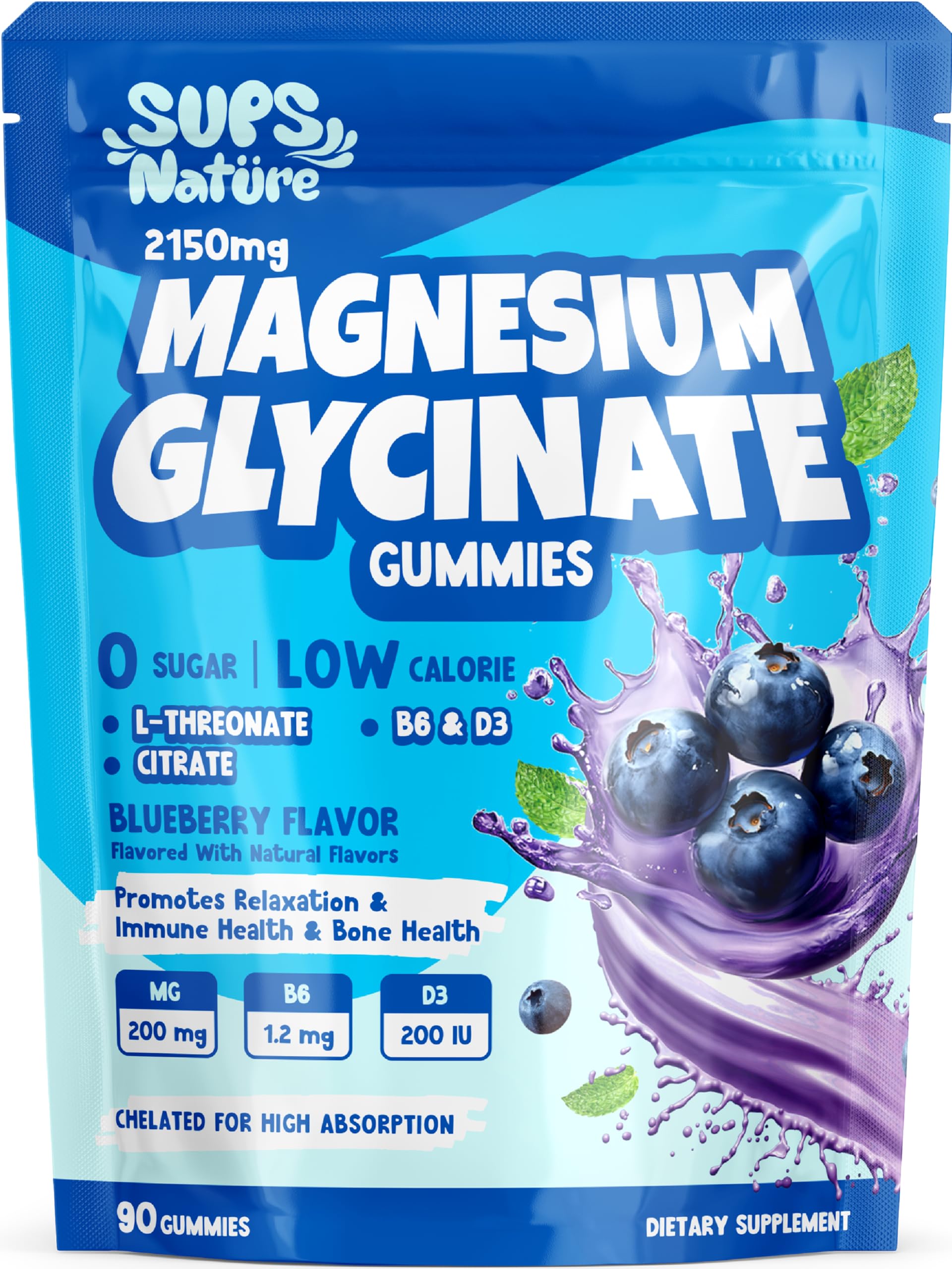 Magnesium Glycinate Gummies 2150 mg with Magnesium L-Threonate for Adults, Melatonin Free, High Absorption, Blueberry Flavor, 90 Count sups nature buy supplements canada