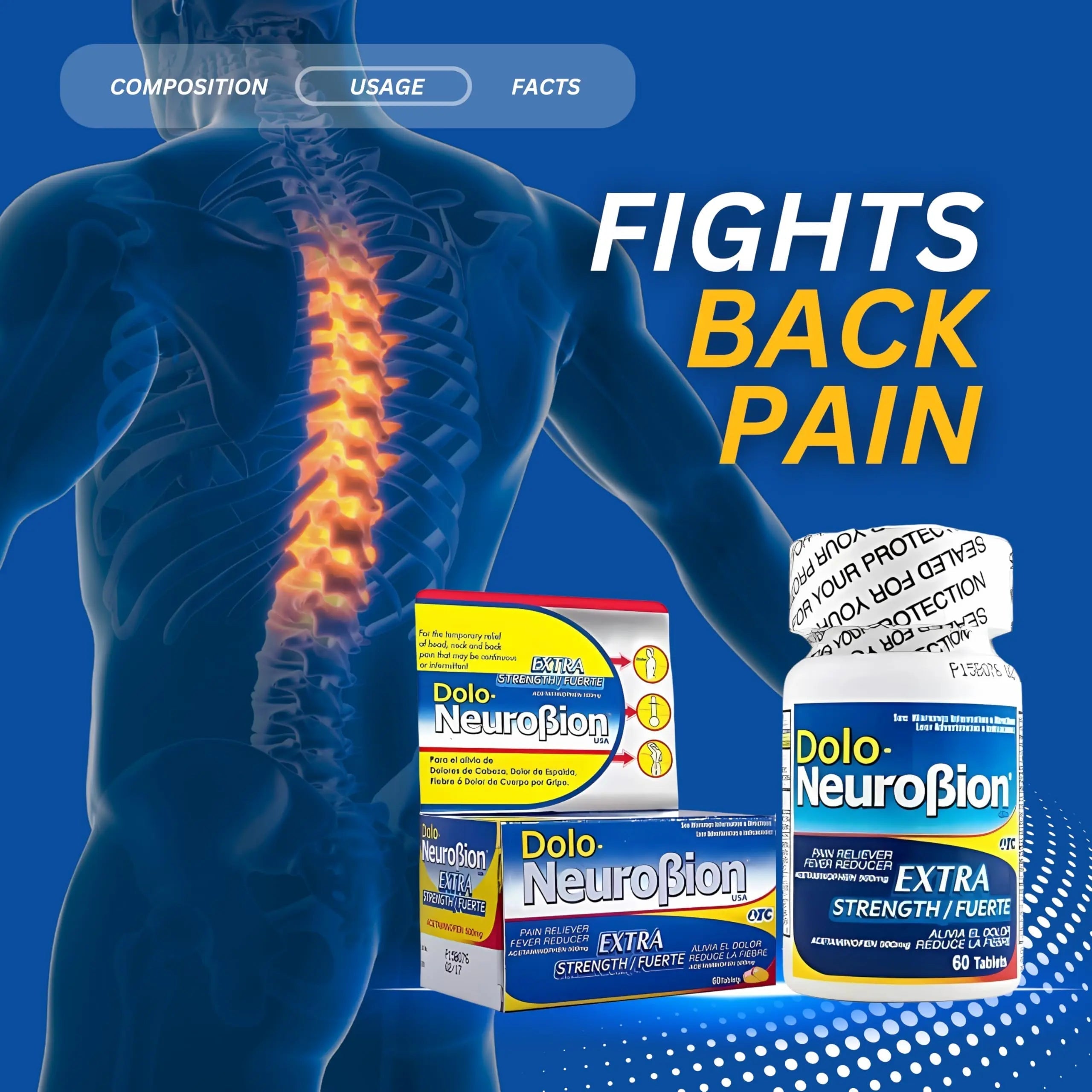 Dolo Neurobion Pain Reliever, Fever Reducer, Extra Strength. Alivia el Dolor,Reduce la Fiebre, Extra Fuerte. 60 Tablets. Acetaminophen 500 mg Neurobion buy supplements canada