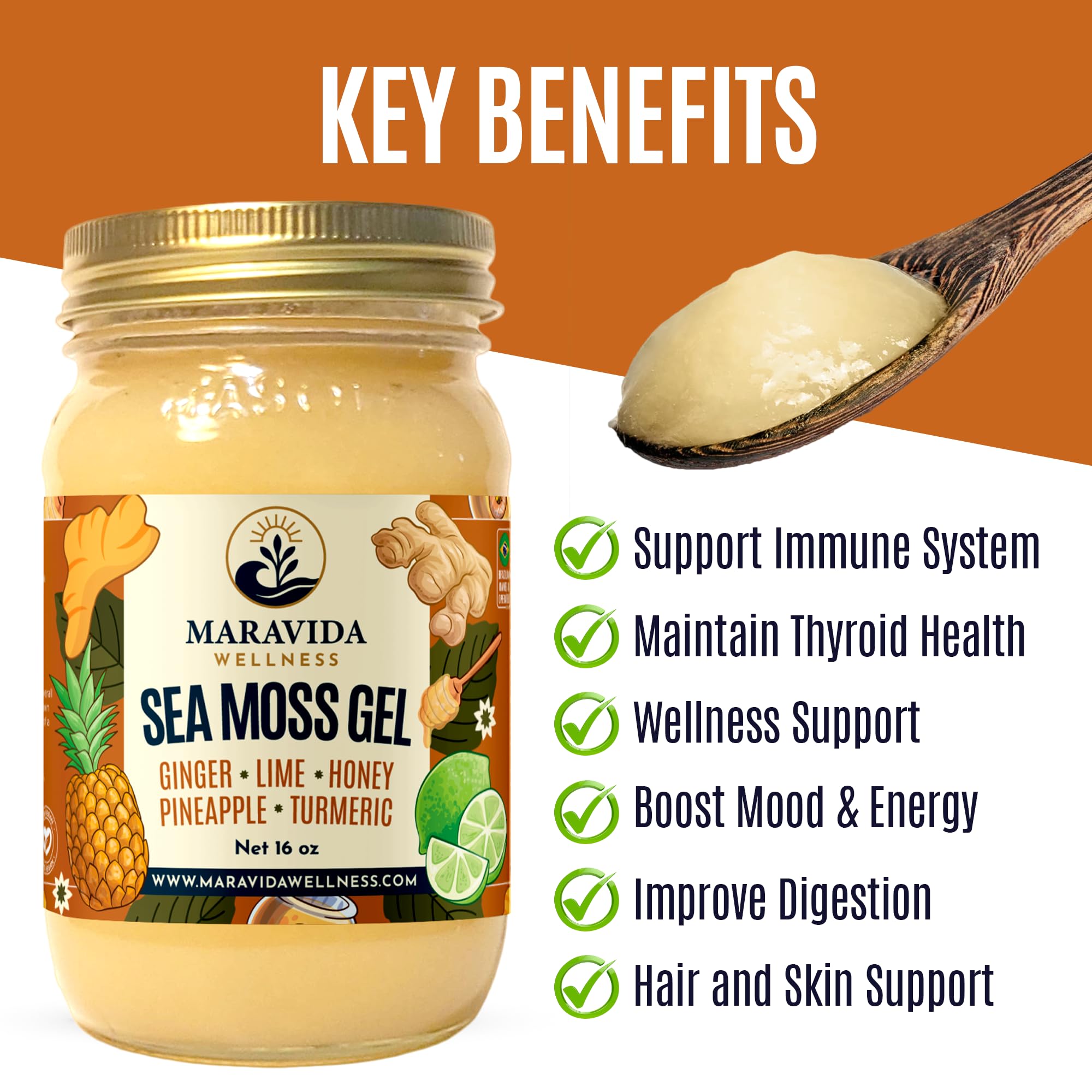 Maravida Wellness Sea Moss Gel – Pineapple, Lime, Honey, Ginger & Turmeric – 100% Natural Raw Organic Irish Moss – 16oz Jar – Premium Superfood for Everyday Wellness Maravida Wellness buy supplements canada
