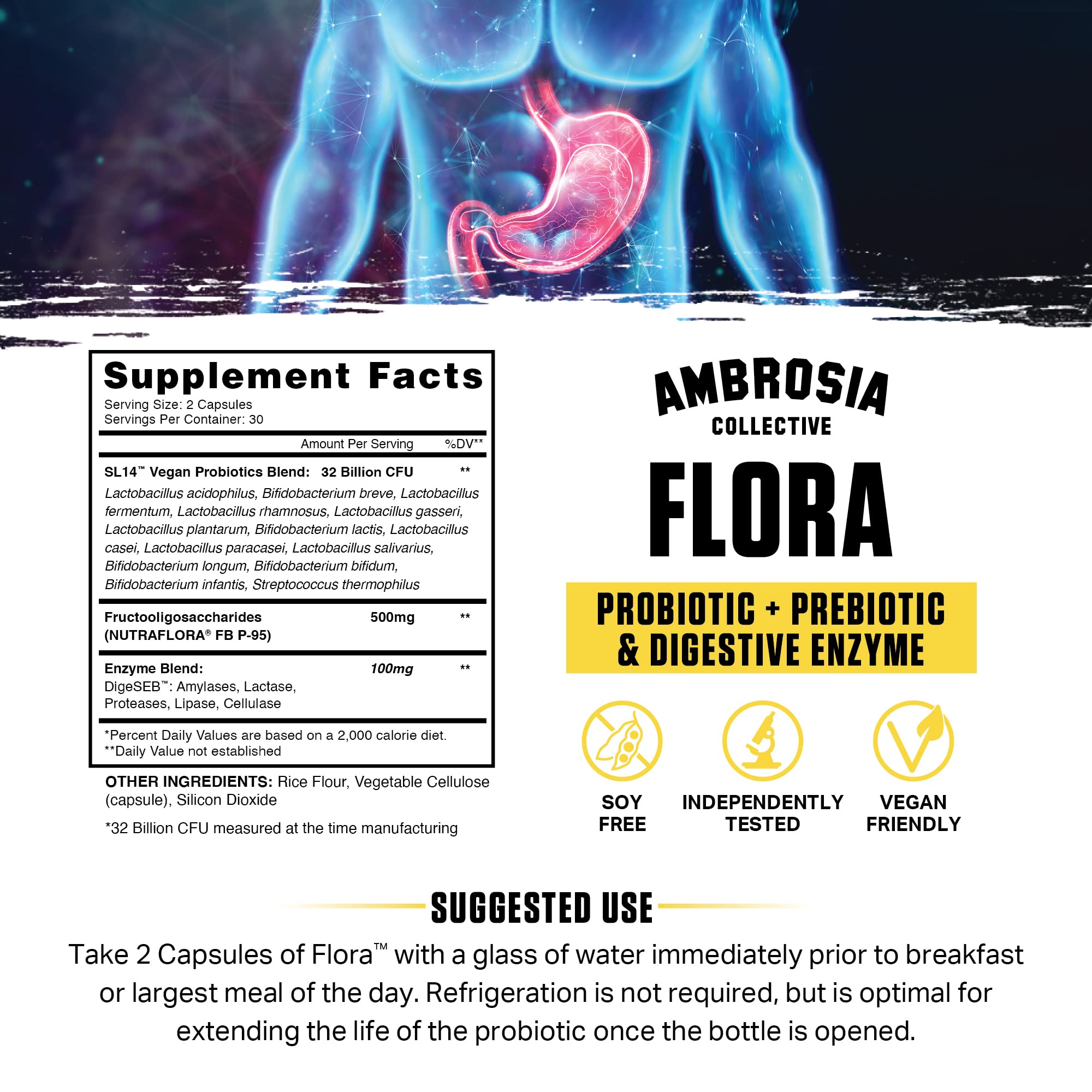 Ambrosia Flora Digestive Enzymes with Probiotics & Prebiotics | 32 Billion CFU Gut Health Supplement | Plant Based, Vegan Probiotic | 60 Veggie Capsules (30 Servings) Ambrosia buy supplements canada