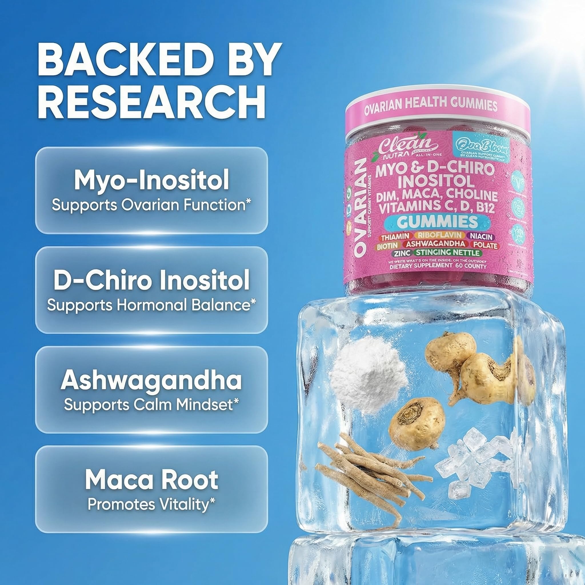 OVA Bloom Ovarian Support Gummies Myo Inositol D-Chiro Inositol Choline Flax Biotin Riboflavin Thiamin Niacin Ashwagandha DIM Maca Root Vitamin C D3 B12 Zinc 60 Count By Clean Nutra Clean Nutraceuticals buy supplements canada