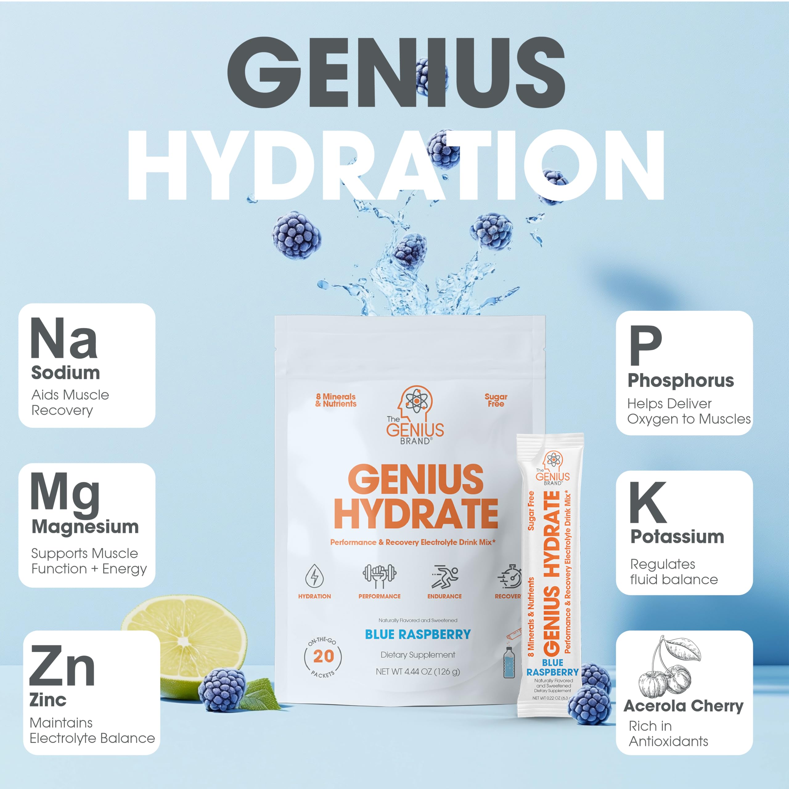 The Genius Brand - Genius Hydrate Stick Pack Powder Drink Mix – Blue Raspberry Flavor, Natural Electrolyte Booster with Coconut Water & Potassium for Ultimate Hydration - 20 Packets The Genius Brand buy supplements canada