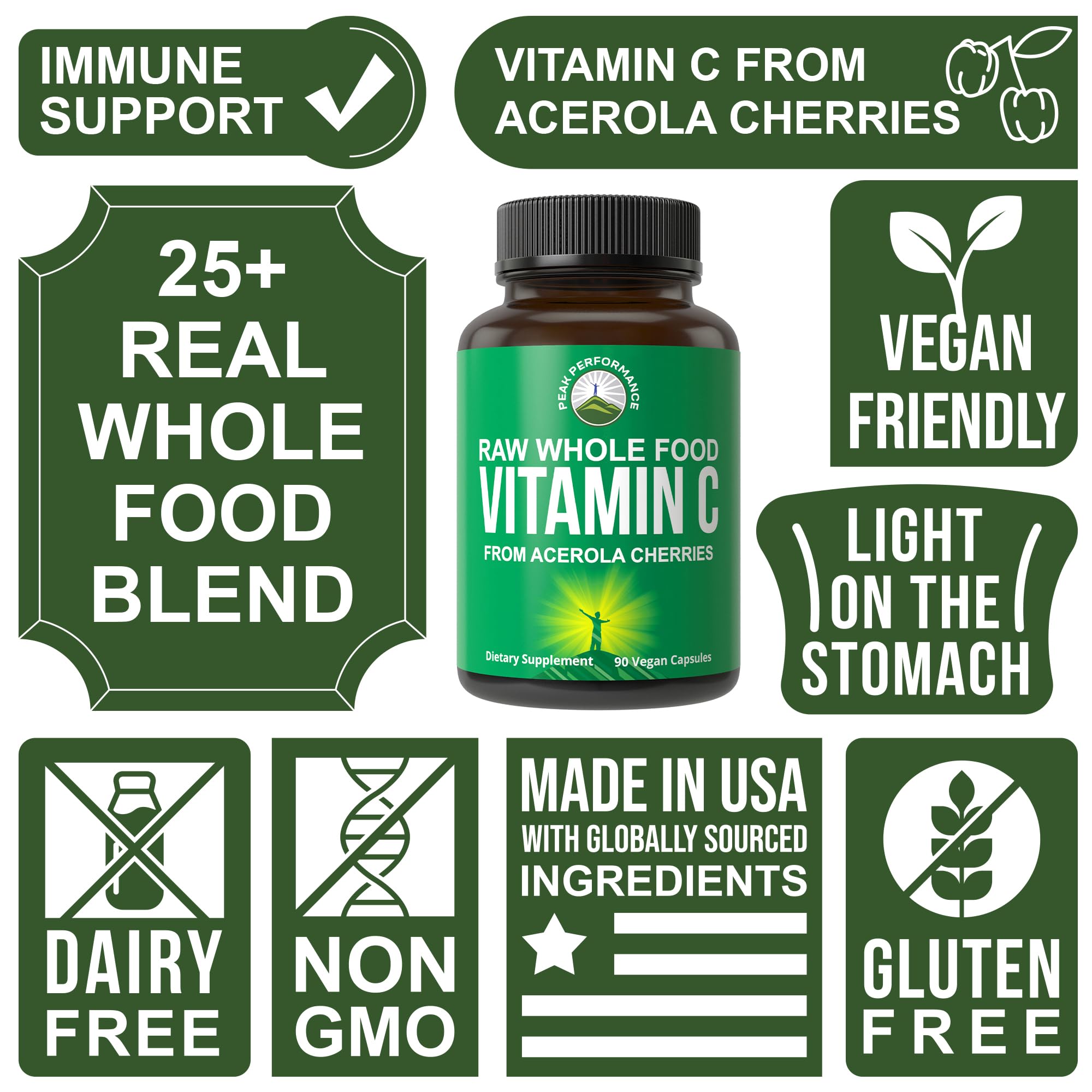 Peak Performance Raw Whole Food Natural Vitamin C Capsules from Acerola Cherry for Max Absorption. Vegan USA Sourced Vitamin C Supplement 90 Pills. 500 mg Serving or 2 Servings 1000mg Peak Performance buy supplements canada