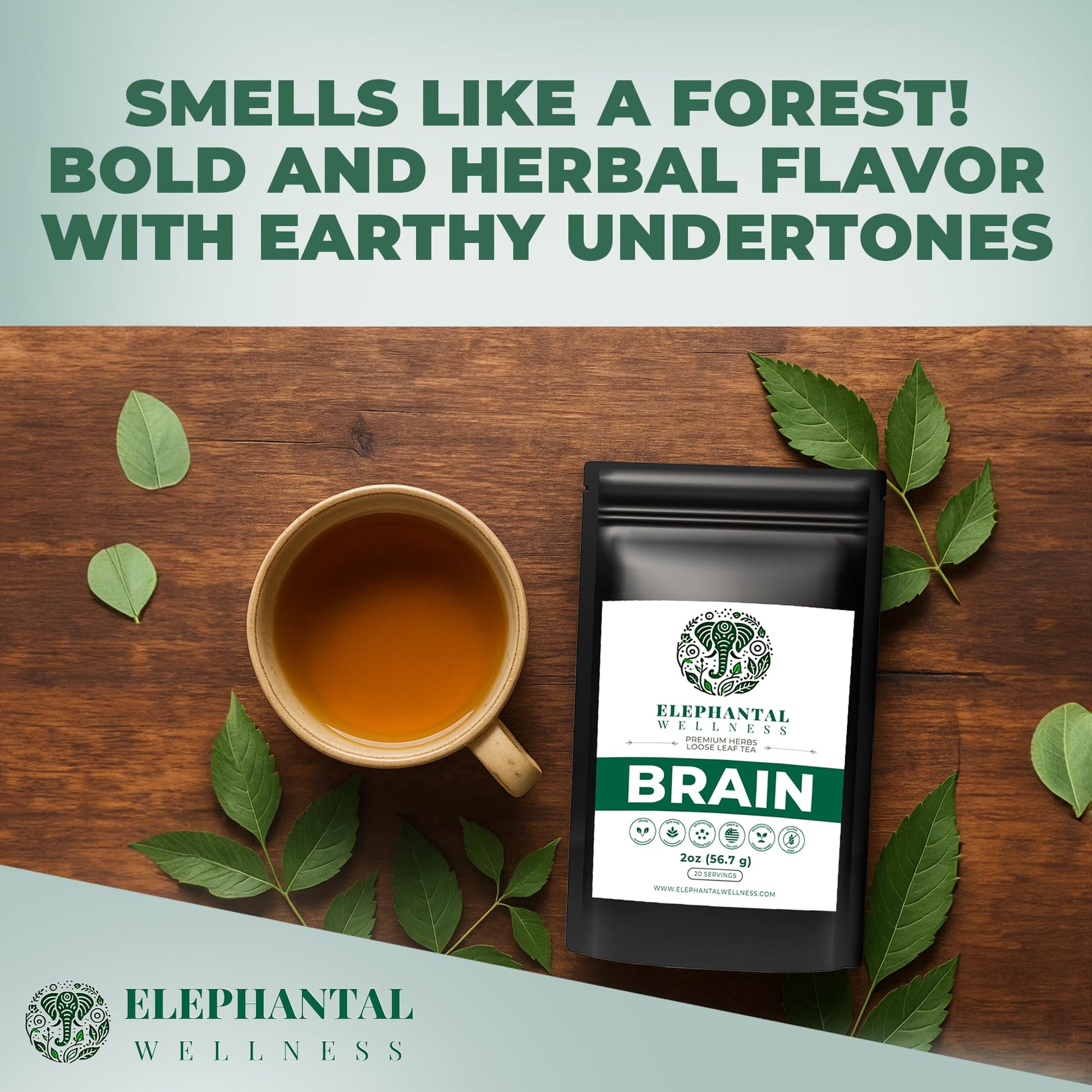 Elephantal Wellness Premium Brain Herbal Tea | Nootropic Focus & Mental Clarity with Ginkgo, Bacopa, Gotu Kola & Rosemary | Non-GMO, Caffeine-Free Coffee Alternative, Handmade Loose Leaf Blend, 2oz Loose Leaf, 20 Servings Elephantal Wellness buy supplements canada