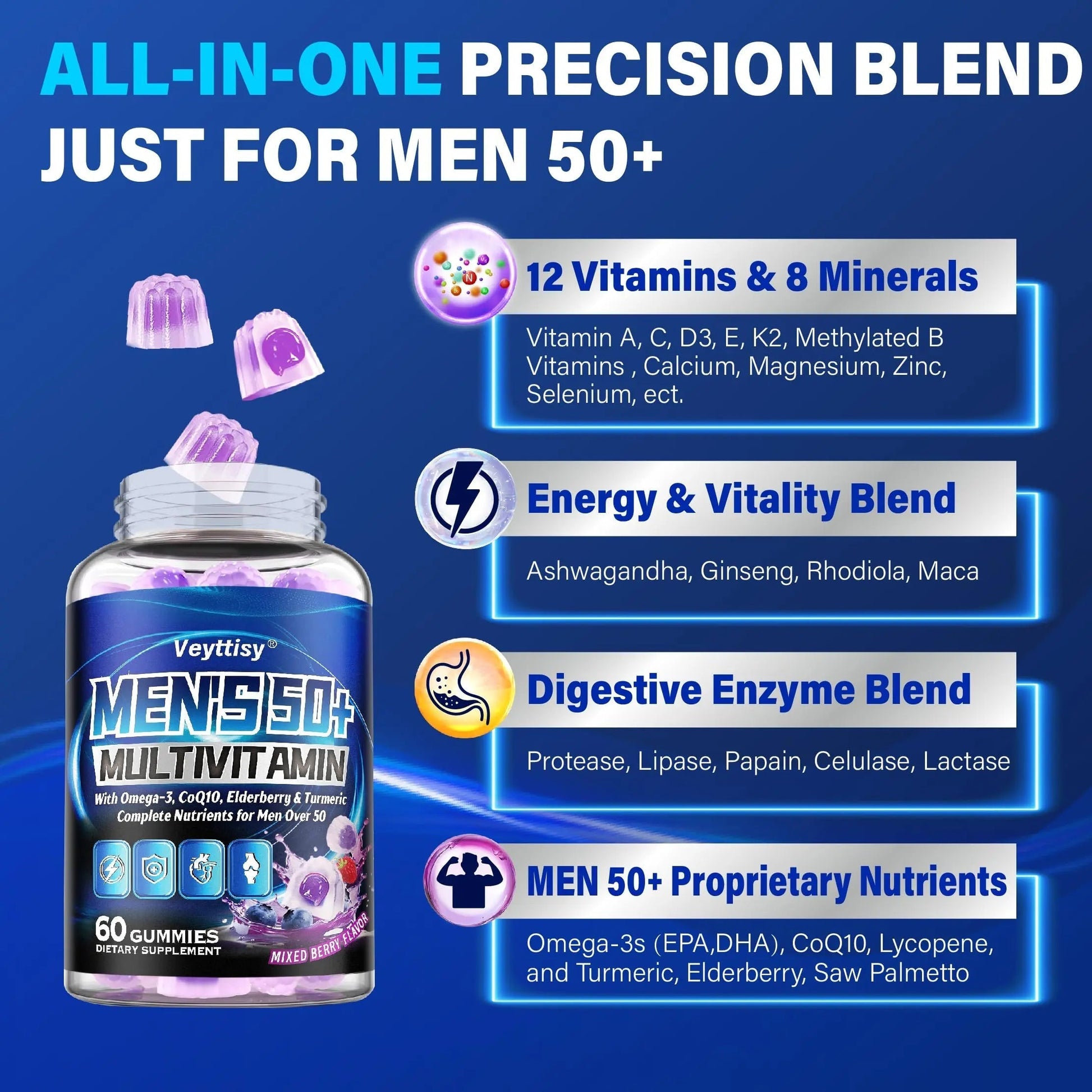 Sugar Free Multivitamin Gummies for Men 50 Plus - Methylated Multivitamin with Omega-3, CoQ10, Elderberry & Turmeric Veyttisy buy supplements canada