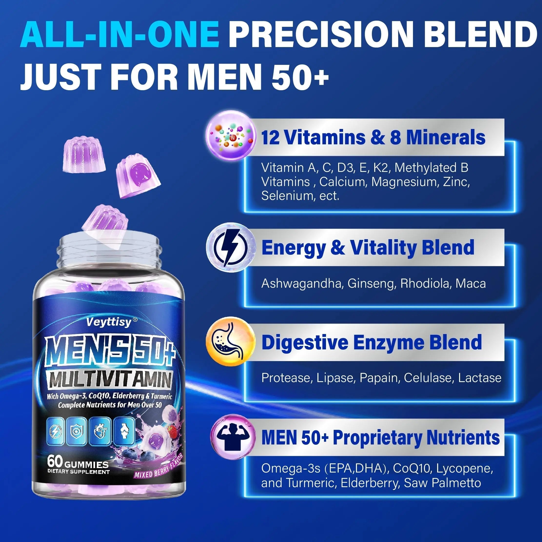 Sugar Free Multivitamin Gummies for Men 50 Plus - Methylated Multivitamin with Omega-3, CoQ10, Elderberry & Turmeric Veyttisy buy supplements canada